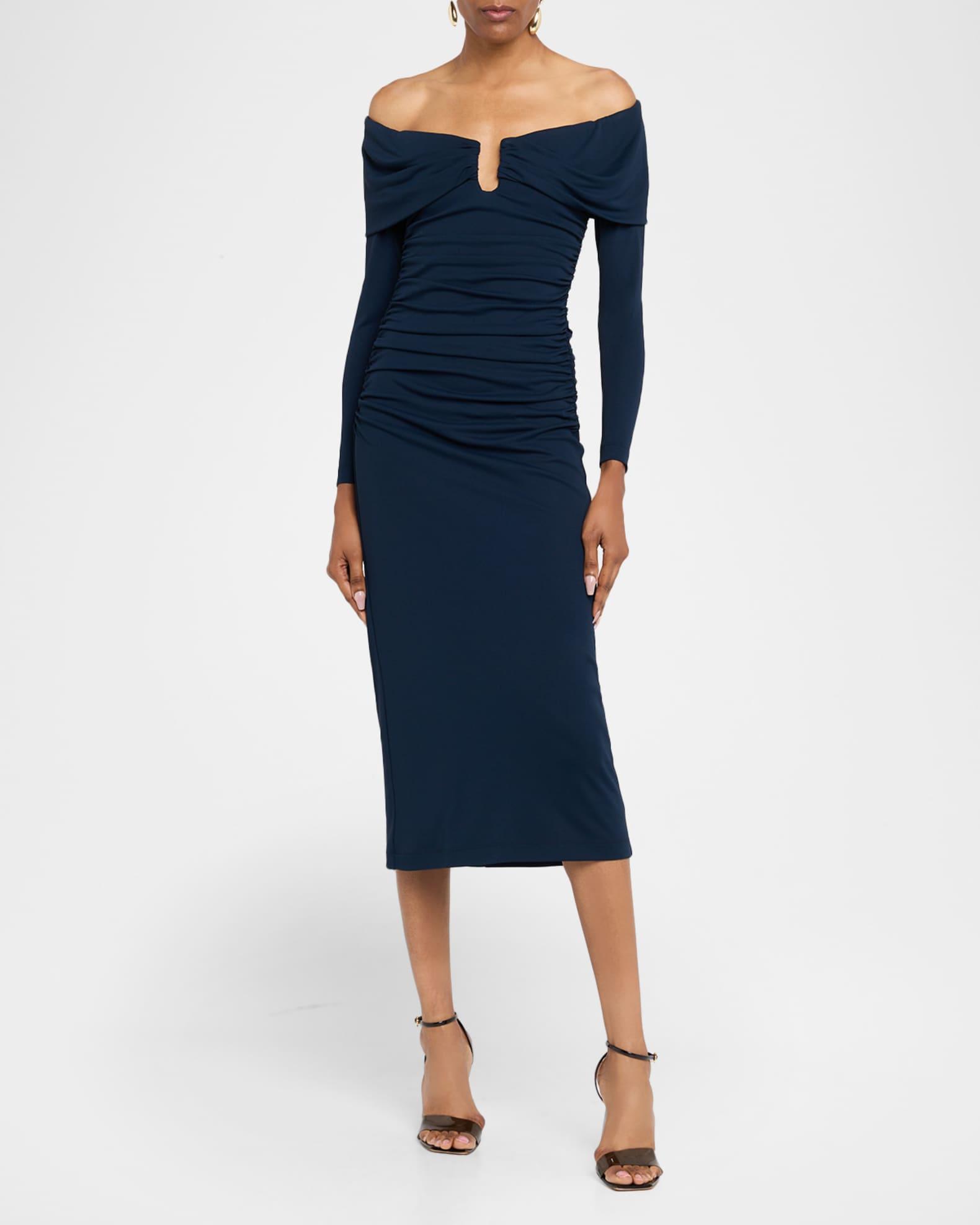 Off-The-Shoulder Ruched Midi Dress Product Image