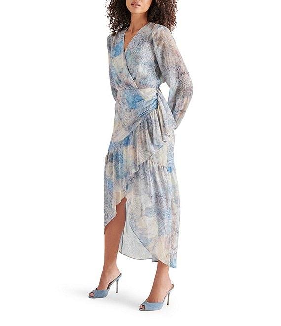 Steve Madden Renata Lurex Chiffon Printed V Neck Long Sleeve High Low Midi Dress Product Image