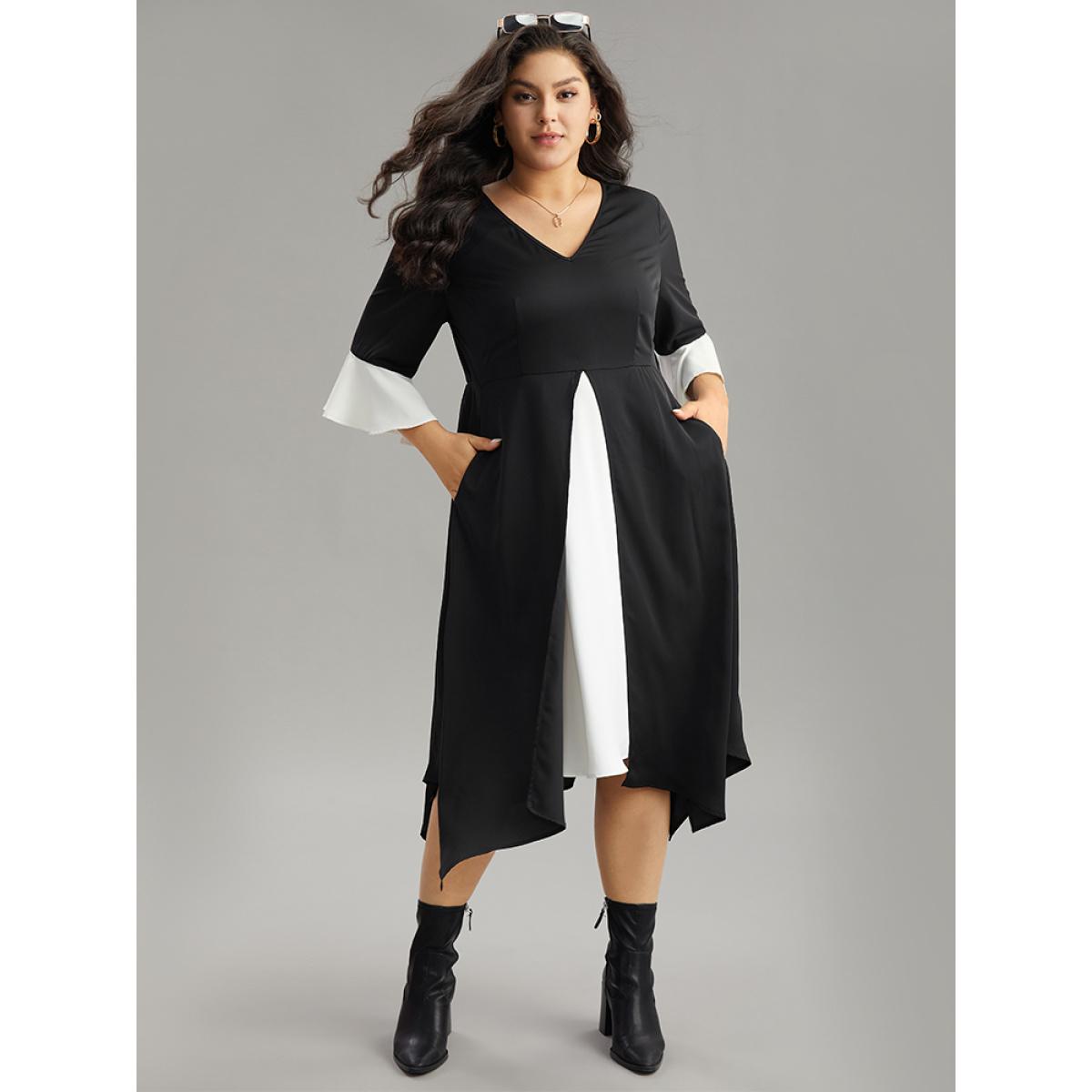 Plus Size Contrast Ruffle Sleeve Hanky Hem Dress Black Women Elegant Patchwork V-neck Elbow-length sleeve Curvy Midi Dress BloomChic 22-24/3X Product Image