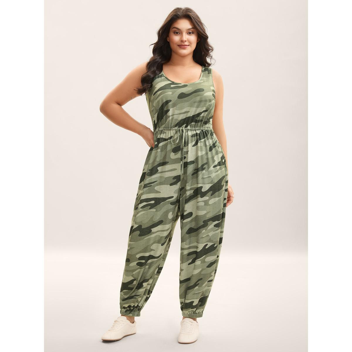 Plus Size Sage Stretchy Waist Camouflage Print Pockets Jumpsuit Women Leisure Sleeveless Round Neck Casual Loose Jumpsuits BloomChic 12/L Product Image