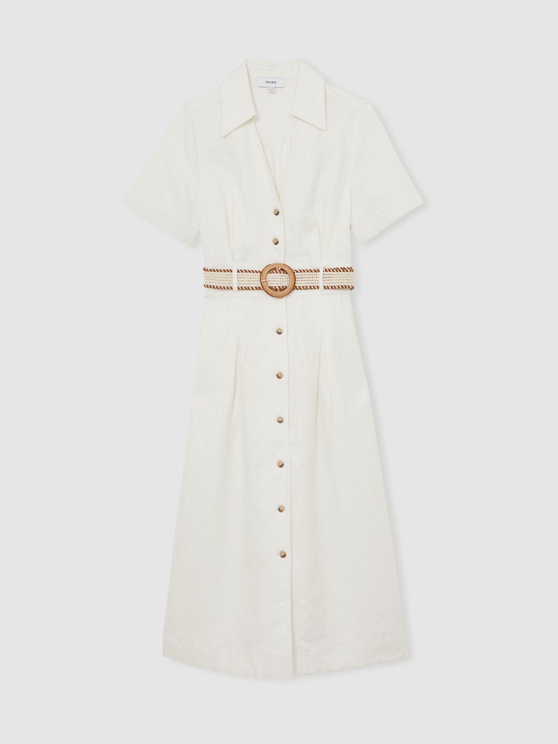 Petite Linen Belted Midi Shirt Dress in Ivory Product Image