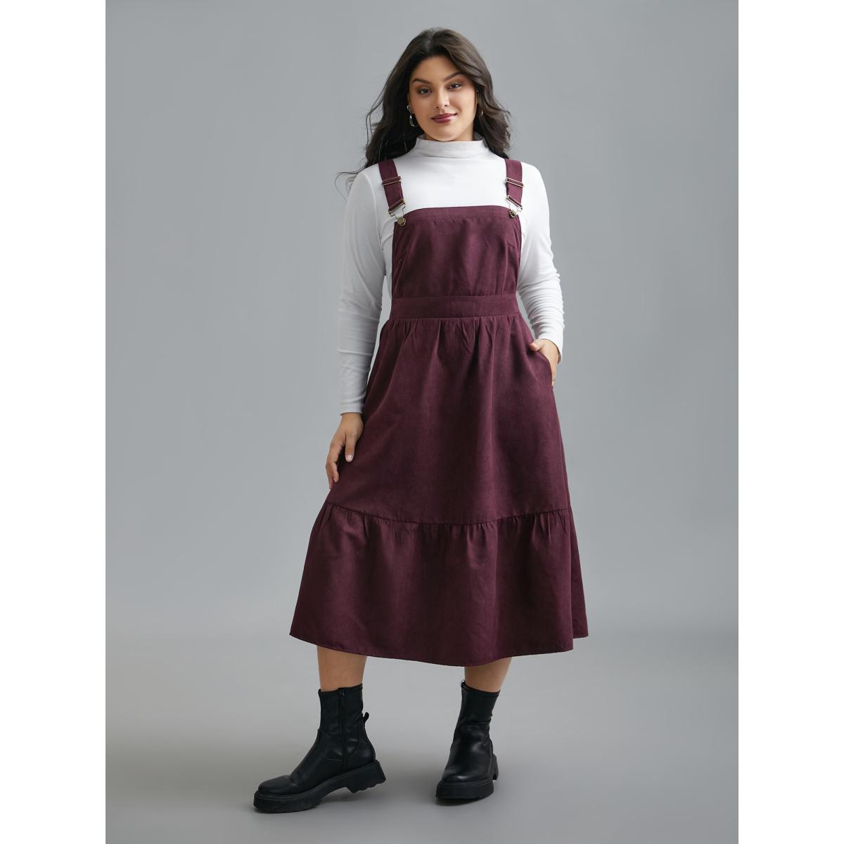 Plus Size Overall Adjustable Straps Tiered Midi Dress Eggplant Women Casual Gathered Non Sleeveless Curvy BloomChic 28/5X Product Image