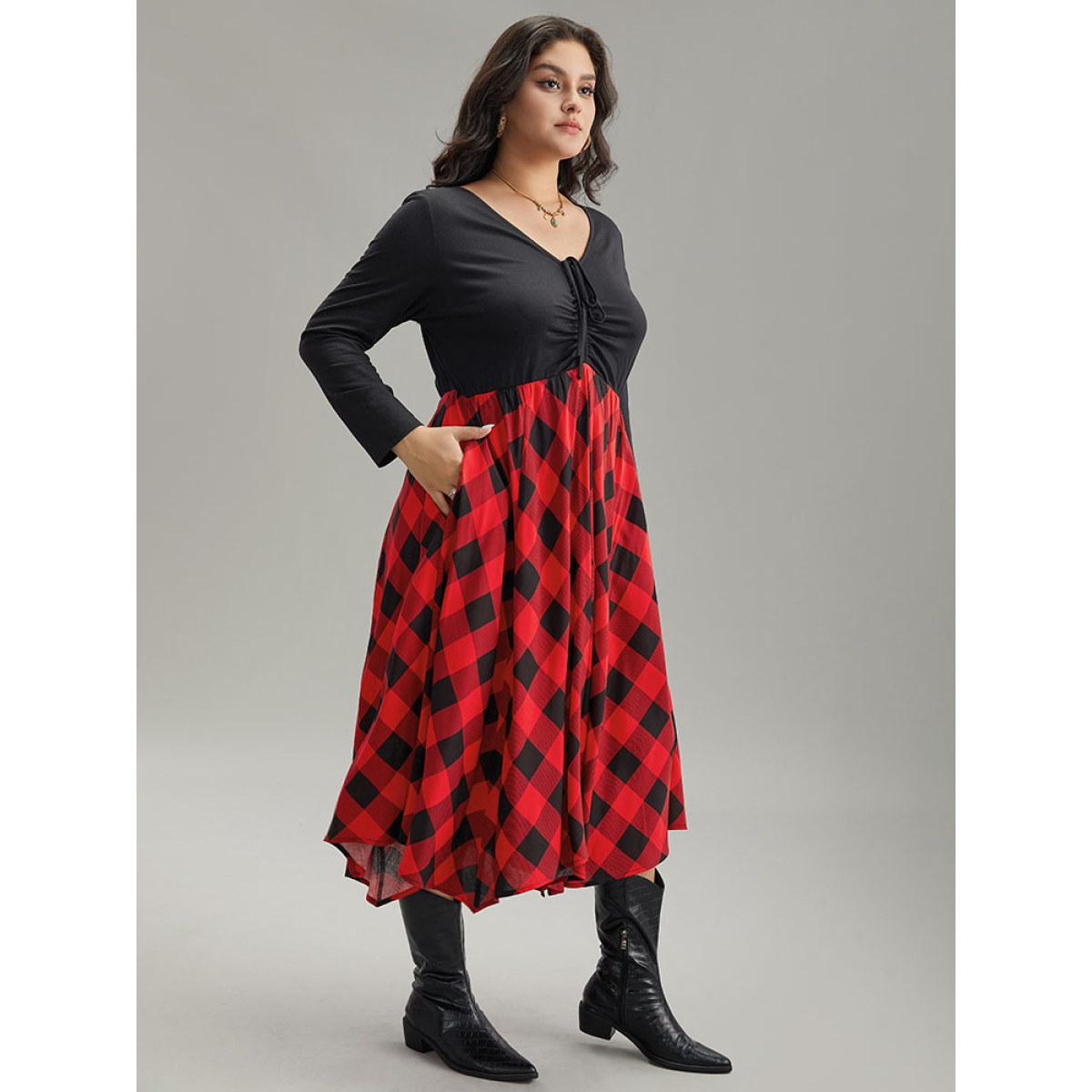 Plus Size Plaid Ruched Drawstring Asymmetrical Hem Dress Black Women Casual Printed Tie Neck Long Sleeve Curvy Midi Dress BloomChic 18-20/2X Product Image