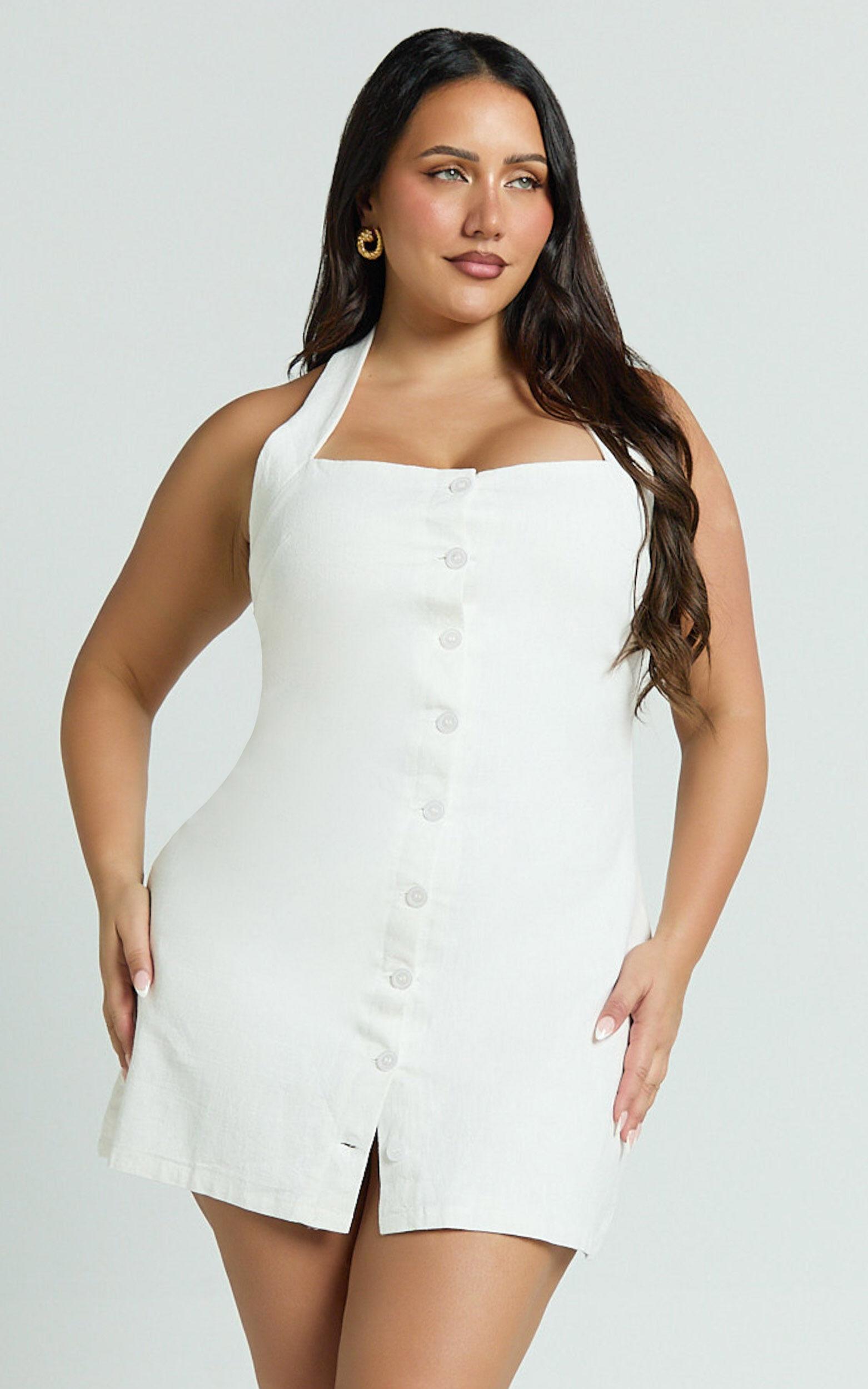 Ricki Mini Dress - Linen Halter Neck Shift Dress in White Product Image
