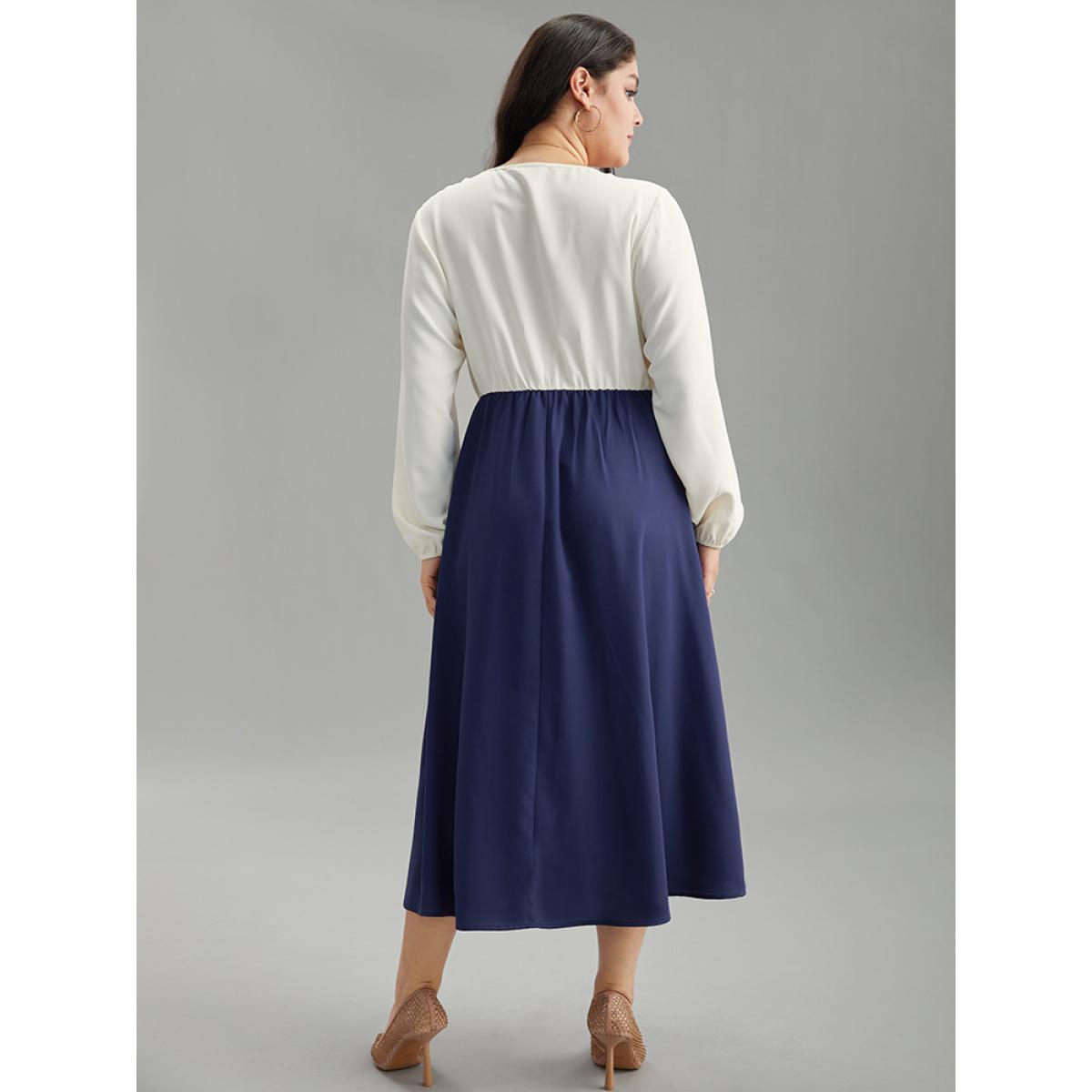 Plus Size Static-Free Contrast Button Detail Pocket Dress DarkBlue Women Elegant Elastic cuffs Round Neck Long Sleeve Curvy Midi Dress BloomChic 10/M Product Image