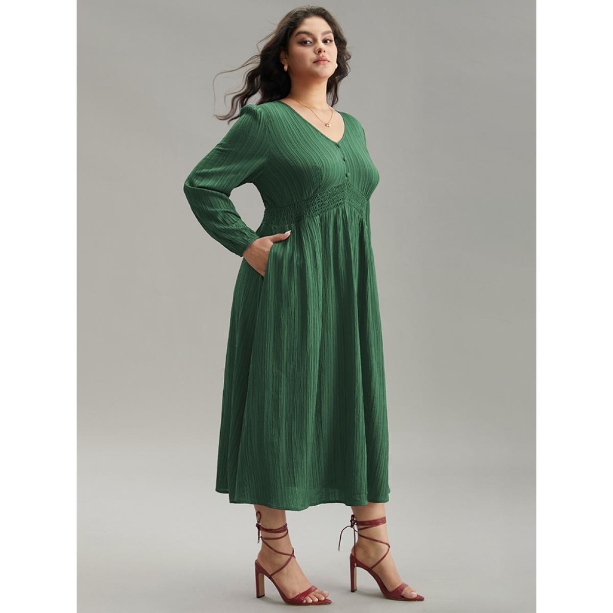 Plus Size Solid Plisse Button Detail Shirred Dress DarkGreen Women Elegant Elastic cuffs V-neck Long Sleeve Curvy Midi Dress BloomChic 22-24/3X Product Image