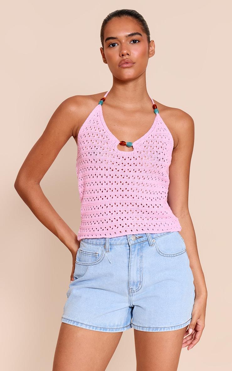 Pink Crochet Bead Detail Halter Top Product Image
