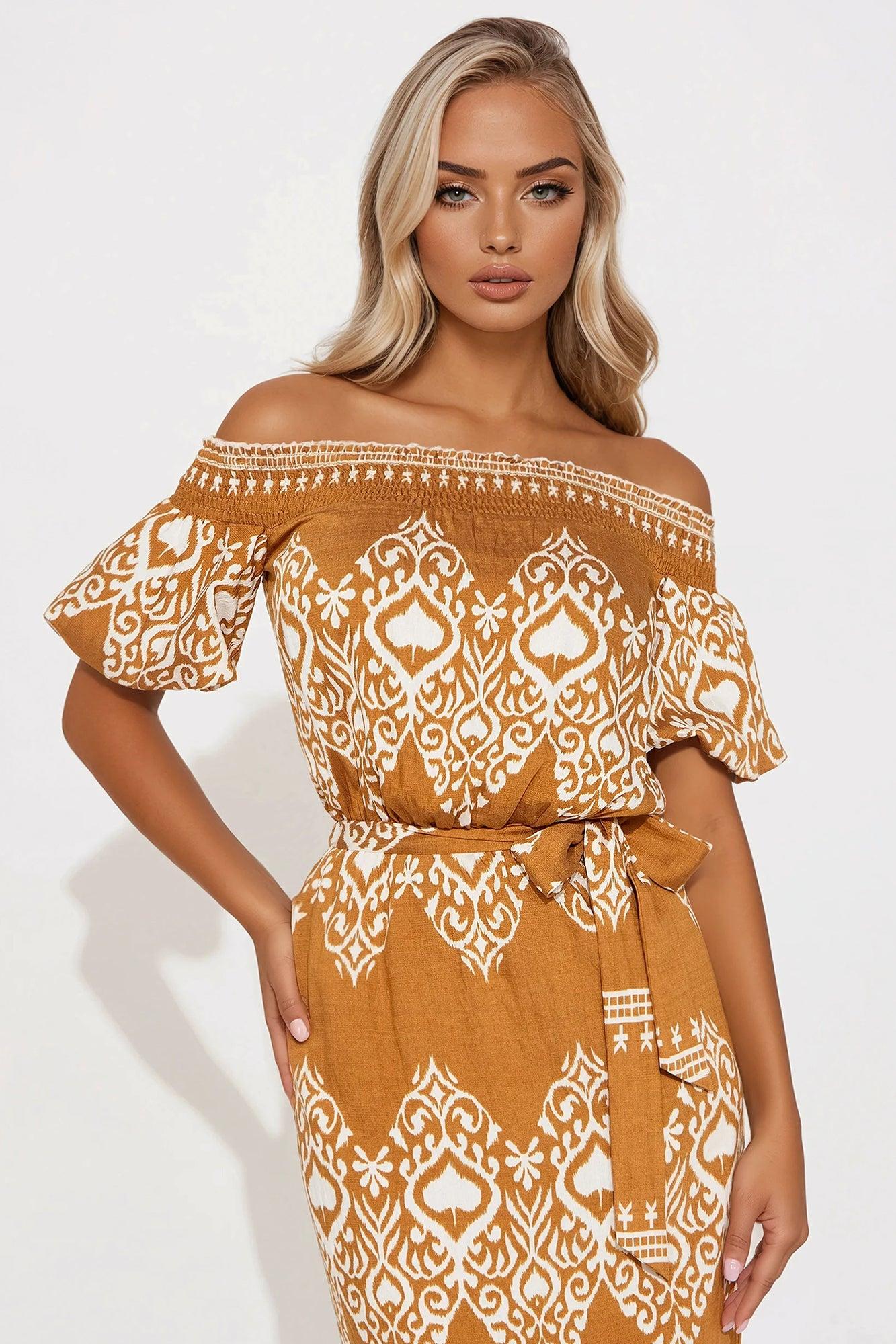 Mindy Off Shoulder Maxi Dress - Brown/combo Product Image