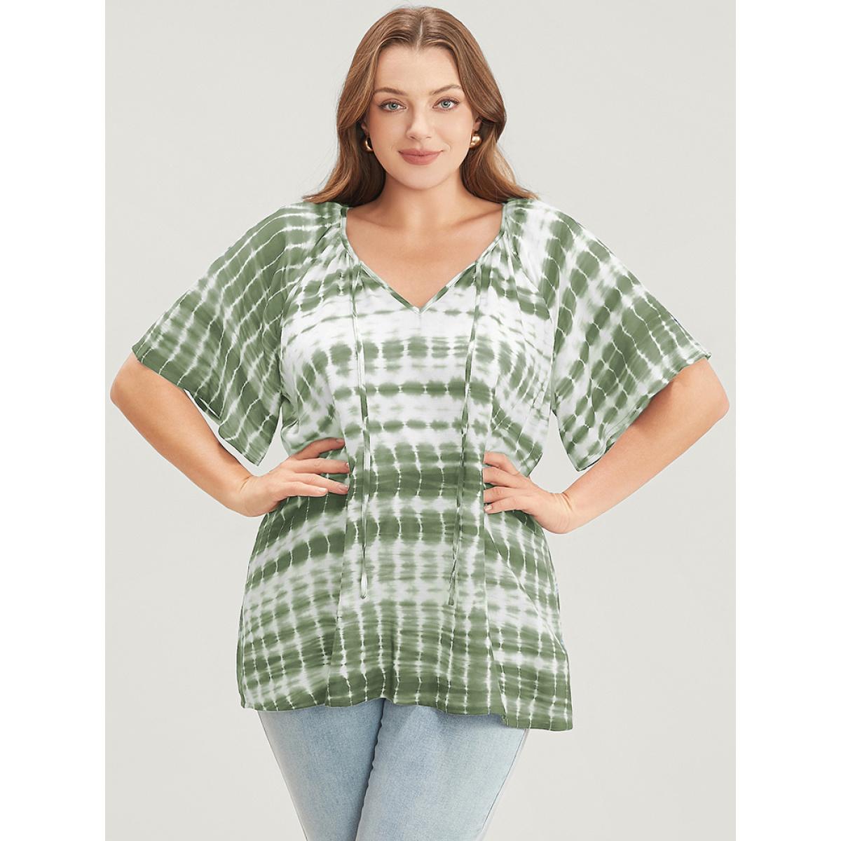 Plus Size Sage Tie Dye Raglan Sleeve Tie V Neck Blouse Women Vacation Short sleeve V-neck Dailywear Blouses BloomChic 22-24/3X Product Image