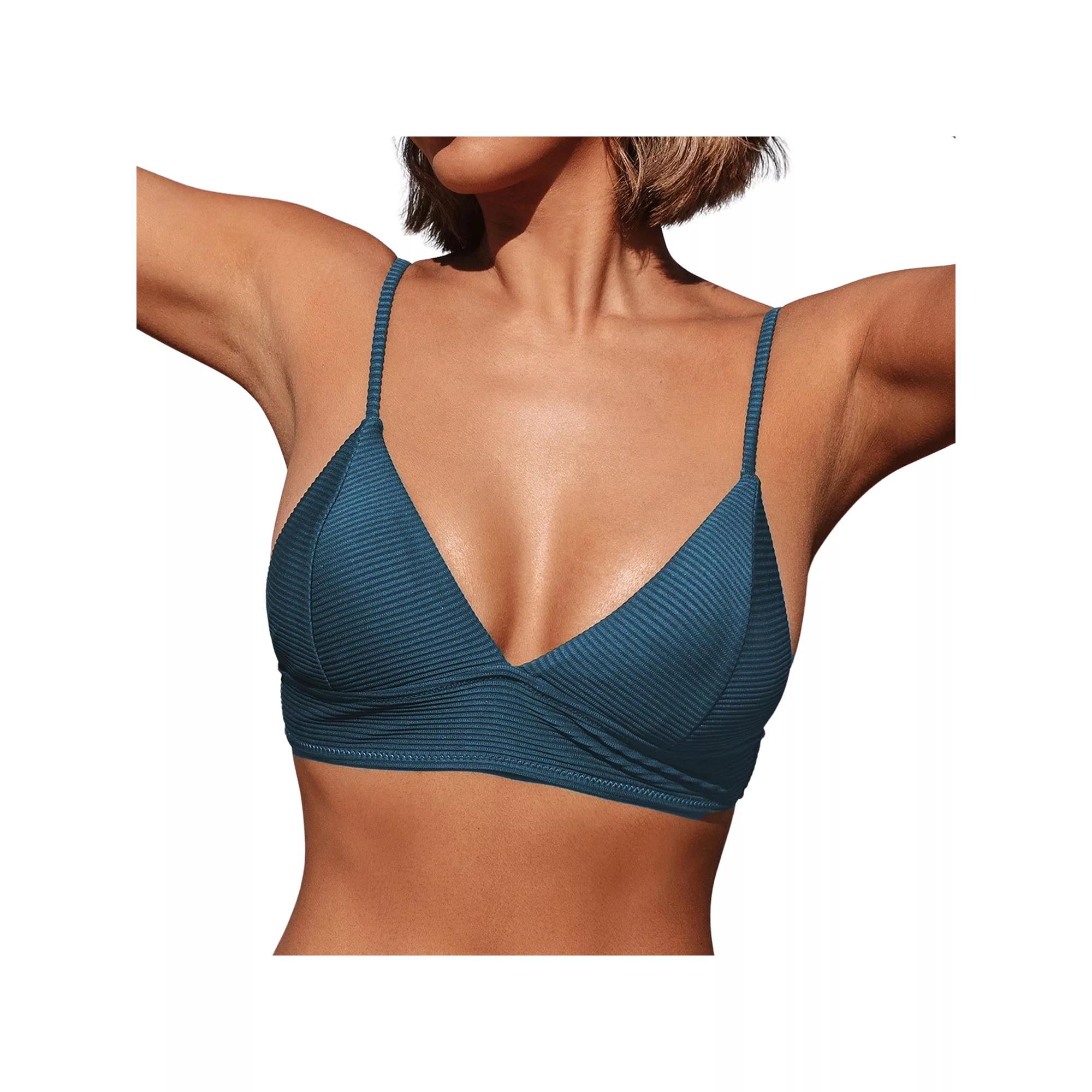 Women's Cupshe V-Neck Ribbed Adjustable Spaghetti Strap Bikini Top, Size: Medium, Blue Product Image