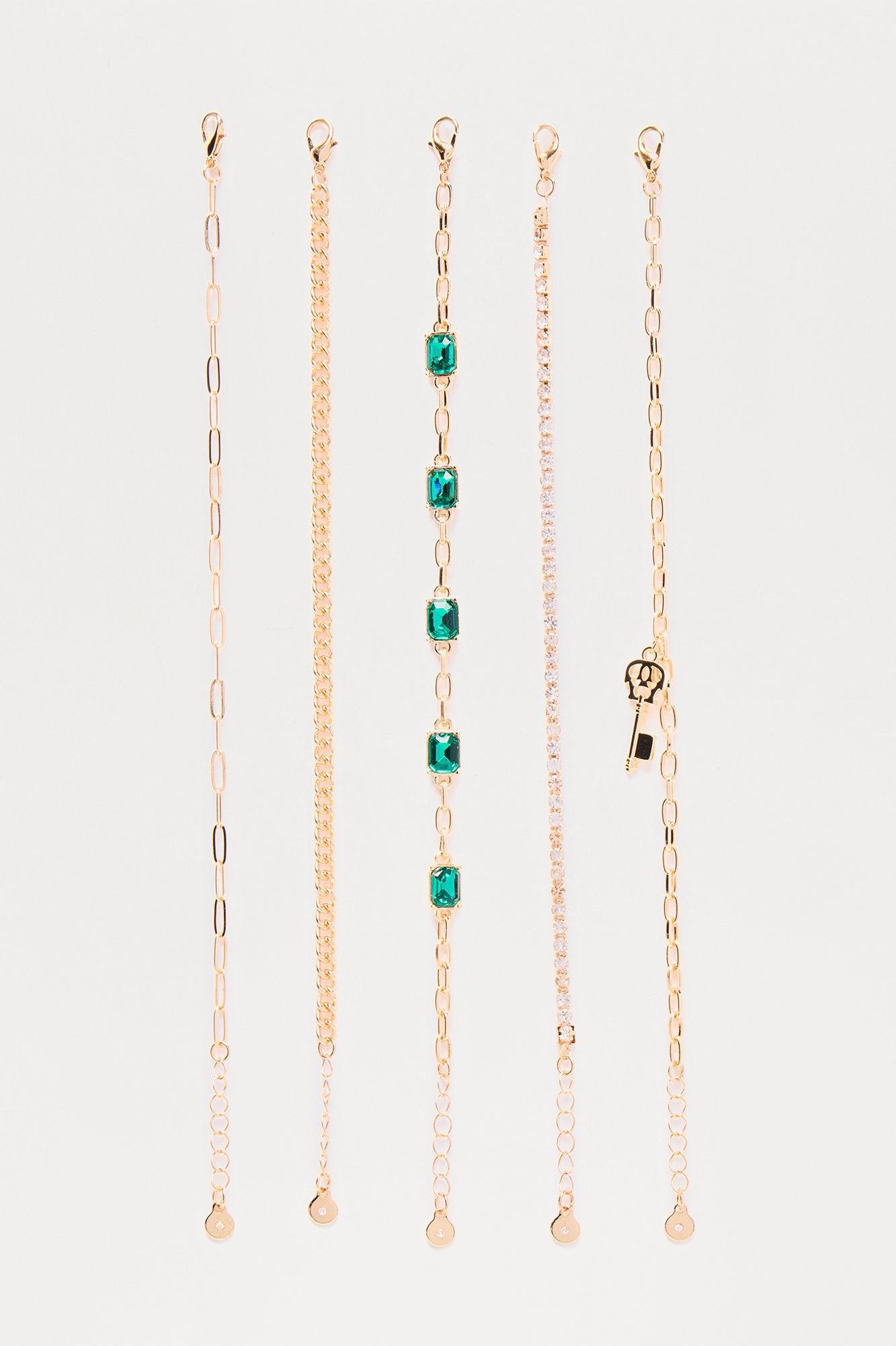 Charmed Life Rhinestone & Jewels 5 Piece Bracelet Set - Gold/Green Female Product Image
