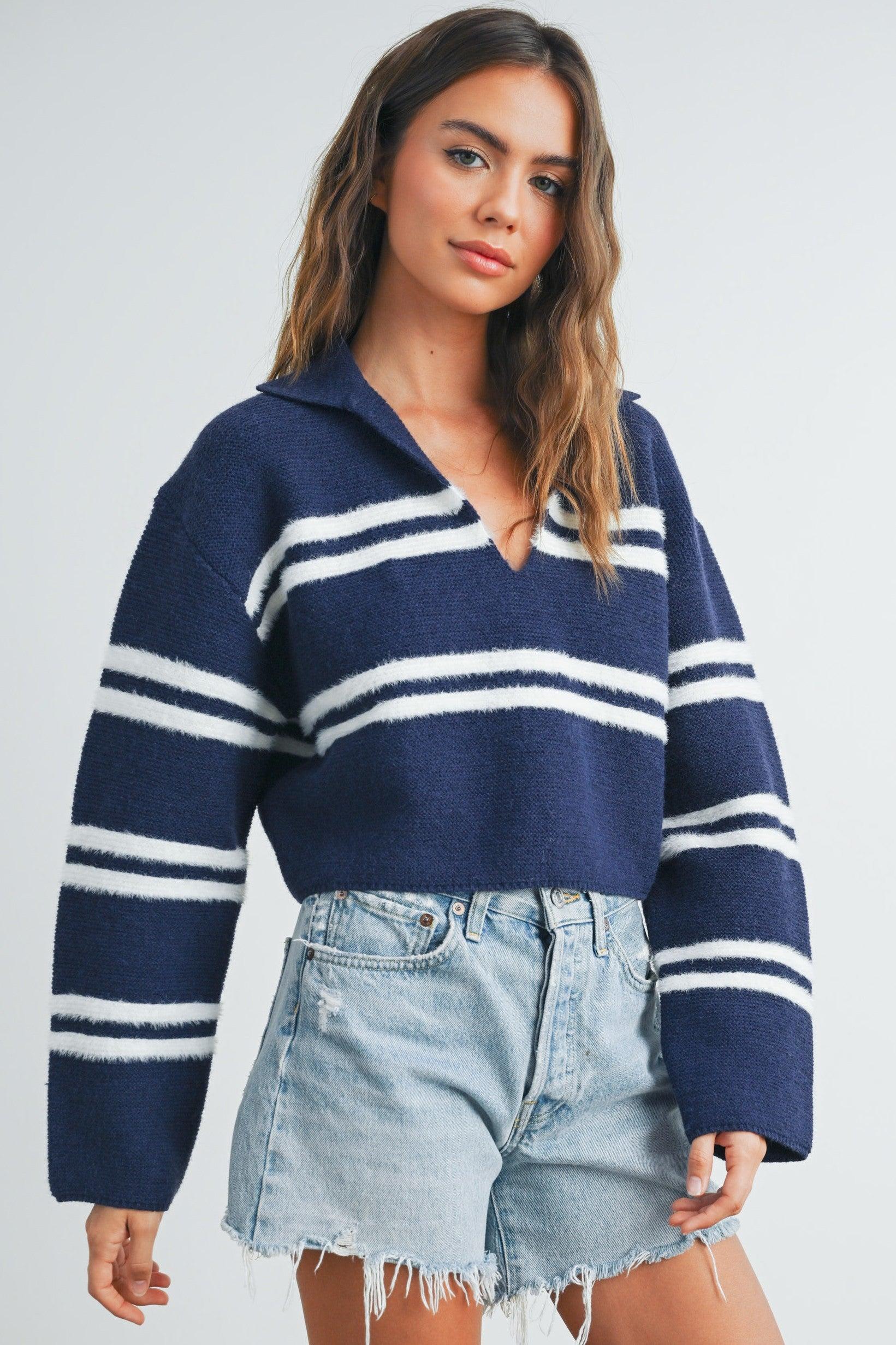 Stripe Cozy Collared Crop Sweater Product Image