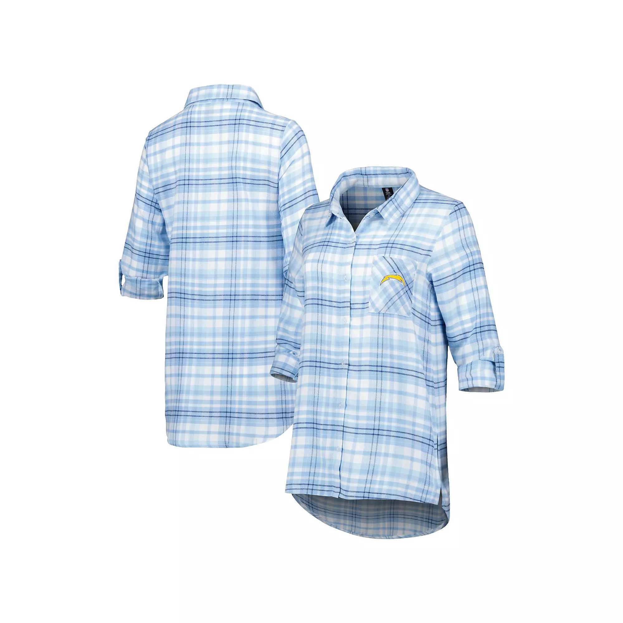 Women's Concepts Sport Powder Blue/Navy Los Angeles Chargers Mainstay Flannel Full-Button Long Sleeve Nightshirt,  Product Image