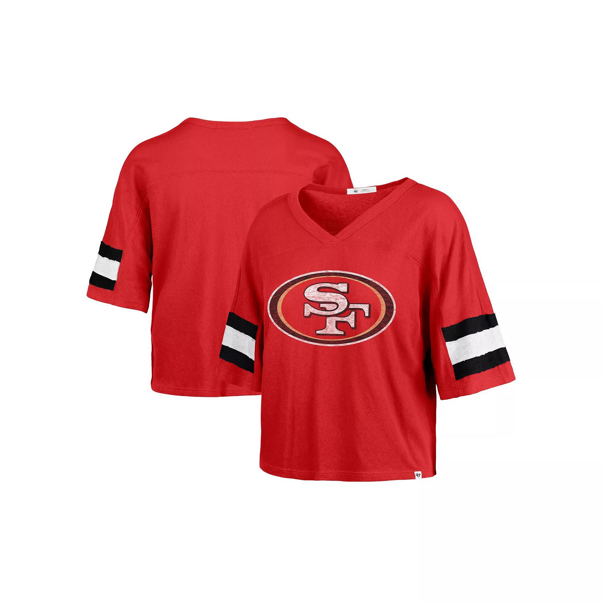 Women's '47 Scarlet San Francisco 49ers  Double Header Scout Cropped V-Neck T-Shirt, Size: Small, Red Product Image