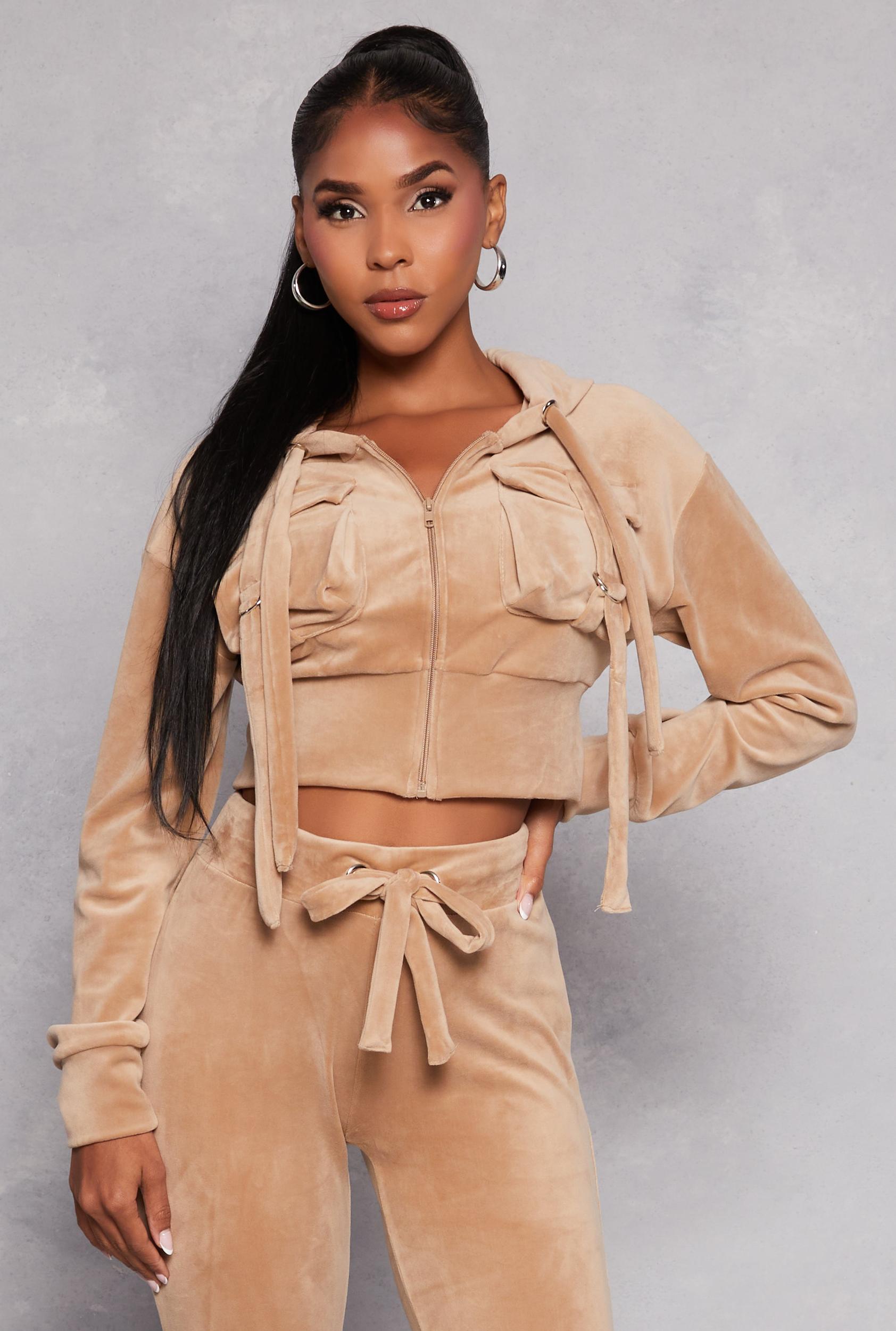 Womens Velour Flap Pocket Cropped Zip Front Hoodie Product Image