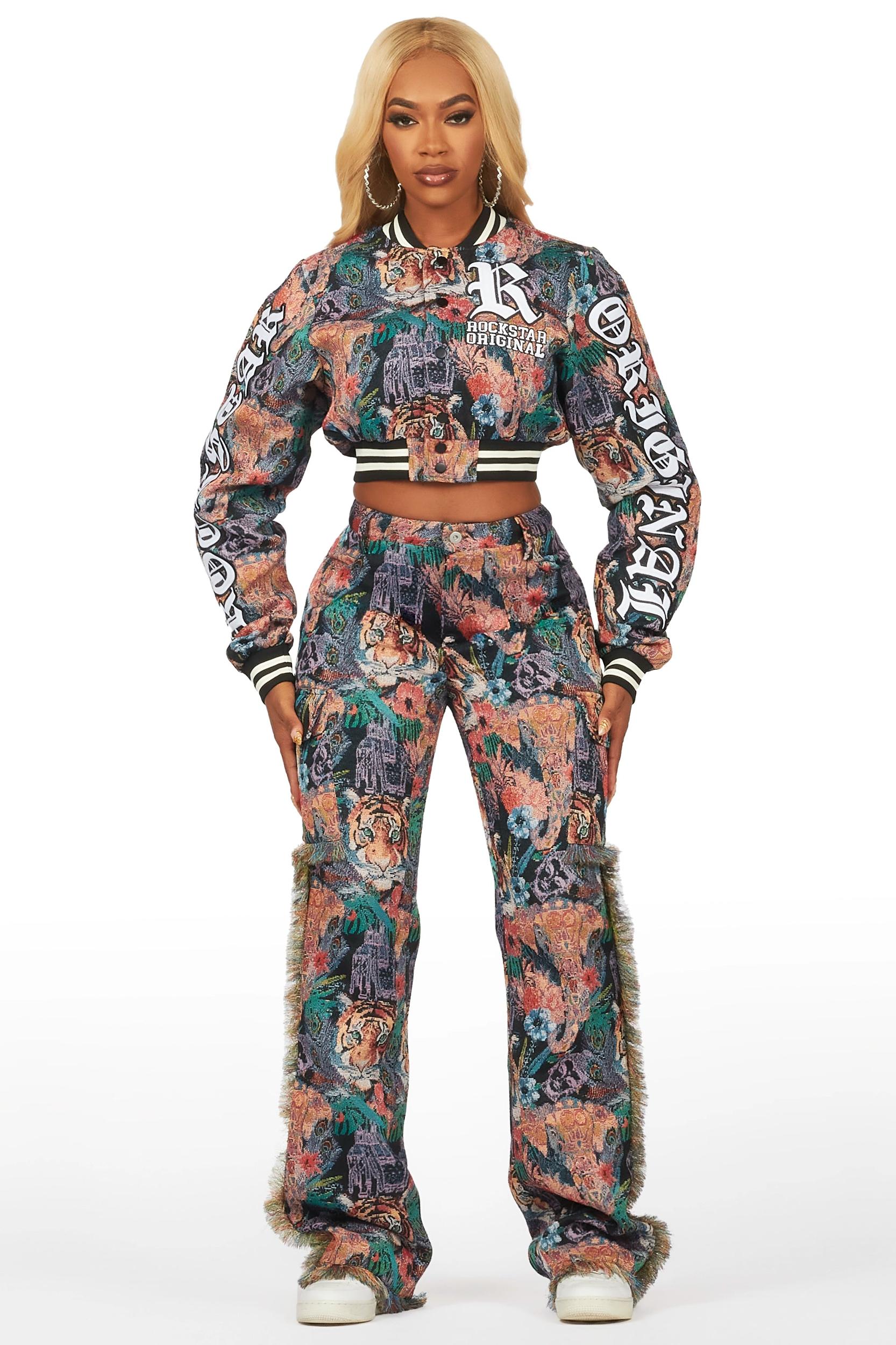 Rena Black Crop Tapestry Varsity Jacket Female Product Image