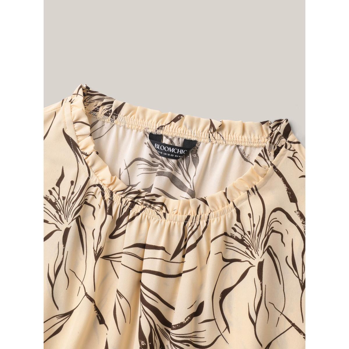 Plus Size Abstract Print Mock Neck Midi Dress Apricot Women Elegant Frill Trim Mock Neck Cap Sleeve Curvy BloomChic 22-24/3X Product Image