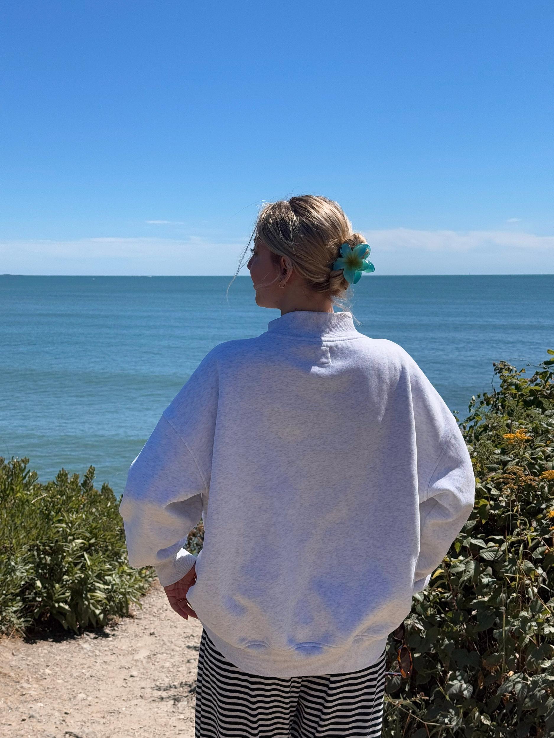 Pearl Grey Mockneck Sunkissed Varsity Embroider Sweatshirt Product Image