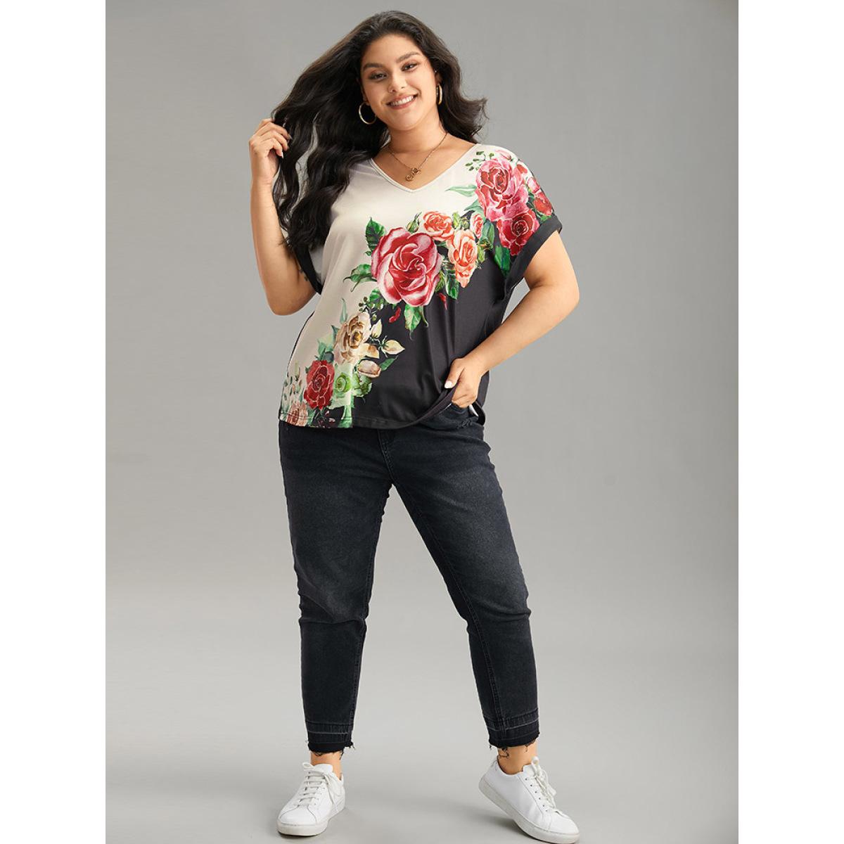 Plus Size Boho Print Roll Batwing Sleeve T-shirt Black Women Casual Contrast Floral V-neck Dailywear T-shirts BloomChic 14-16/1X Product Image