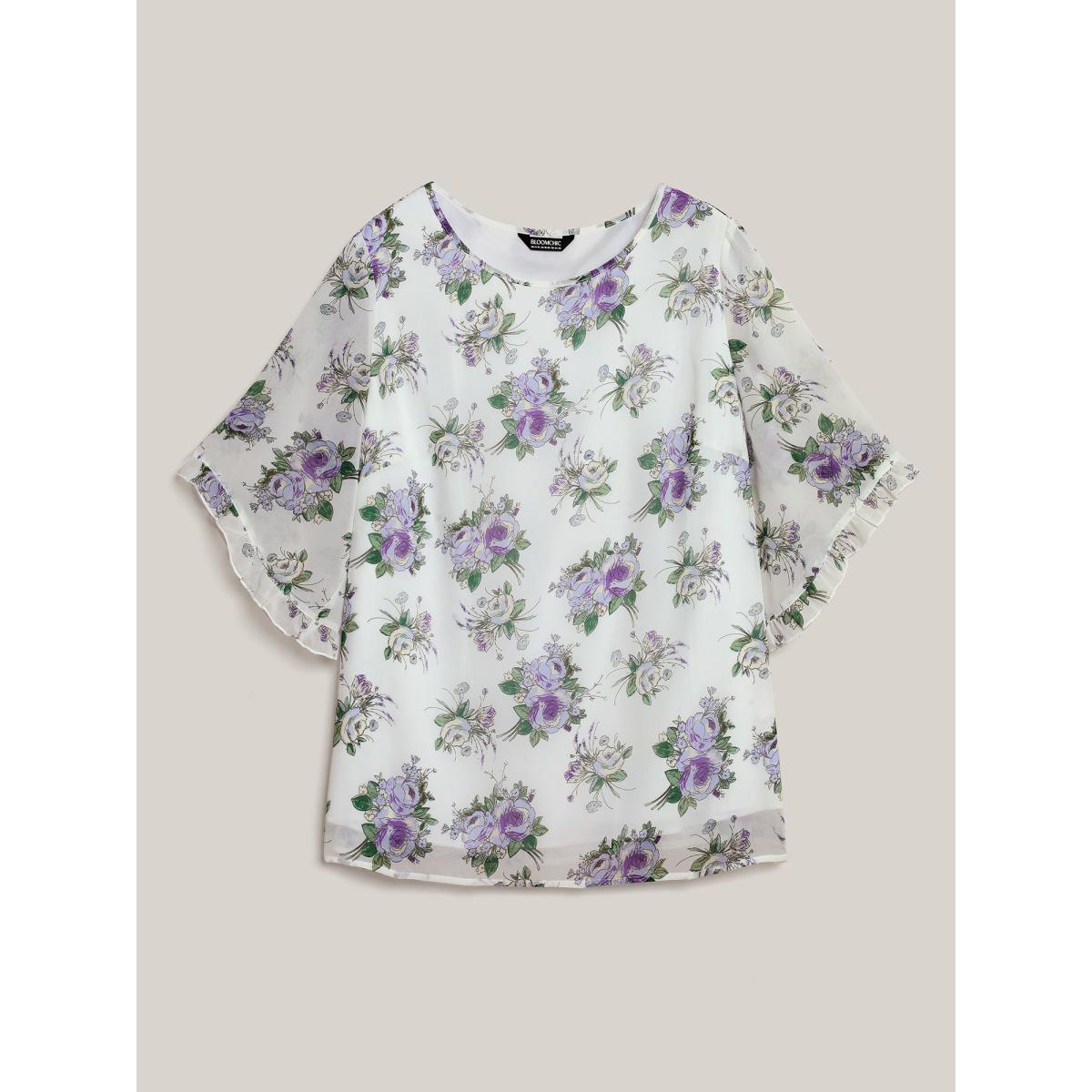 Plus Size Originalwhite Chiffon Floral Ruffled Edges Shirt Women Elegant Elbow-length sleeve Round Neck Everyday Blouses BloomChic 10/M Product Image