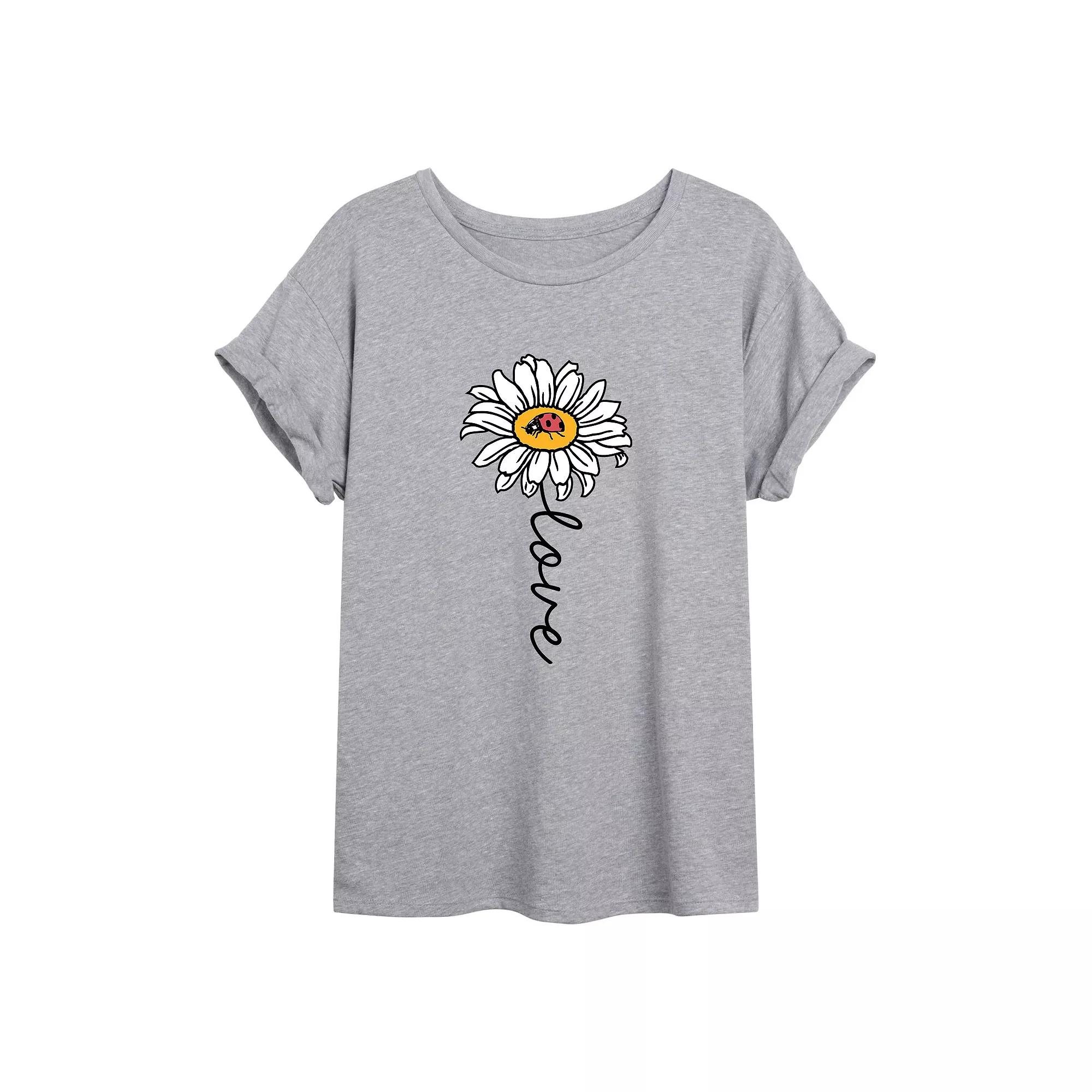 Juniors' Daisy "Love" Oversized Tee, Girl's, Size: Small, Grey Grey Product Image