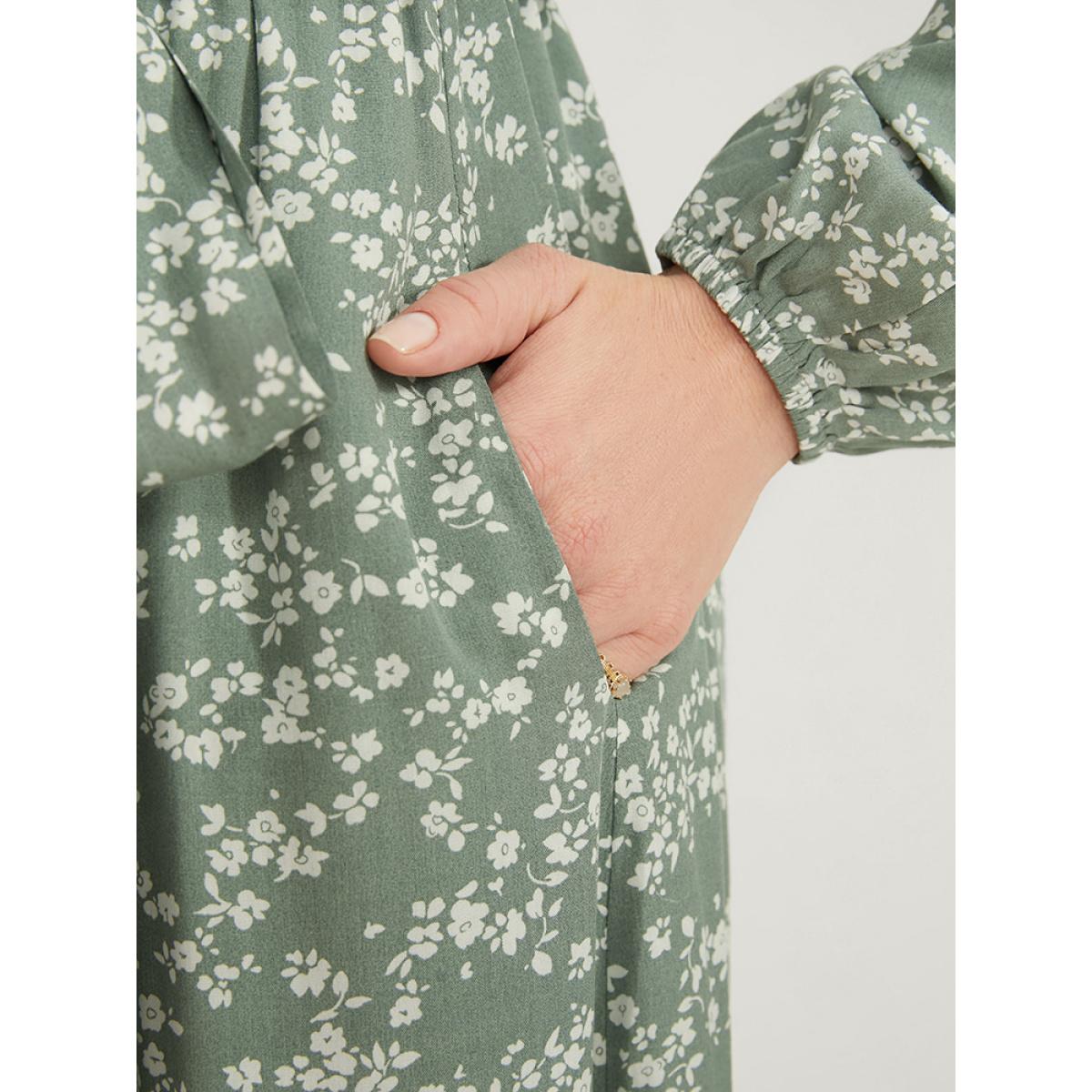 Plus Size Ditsy Floral Lantern Sleeve Pocket Button Through Belted Midi Dress Sage Women Elegant Button V-neck Long Sleeve Curvy Midi Dress BloomChic 12/L Product Image