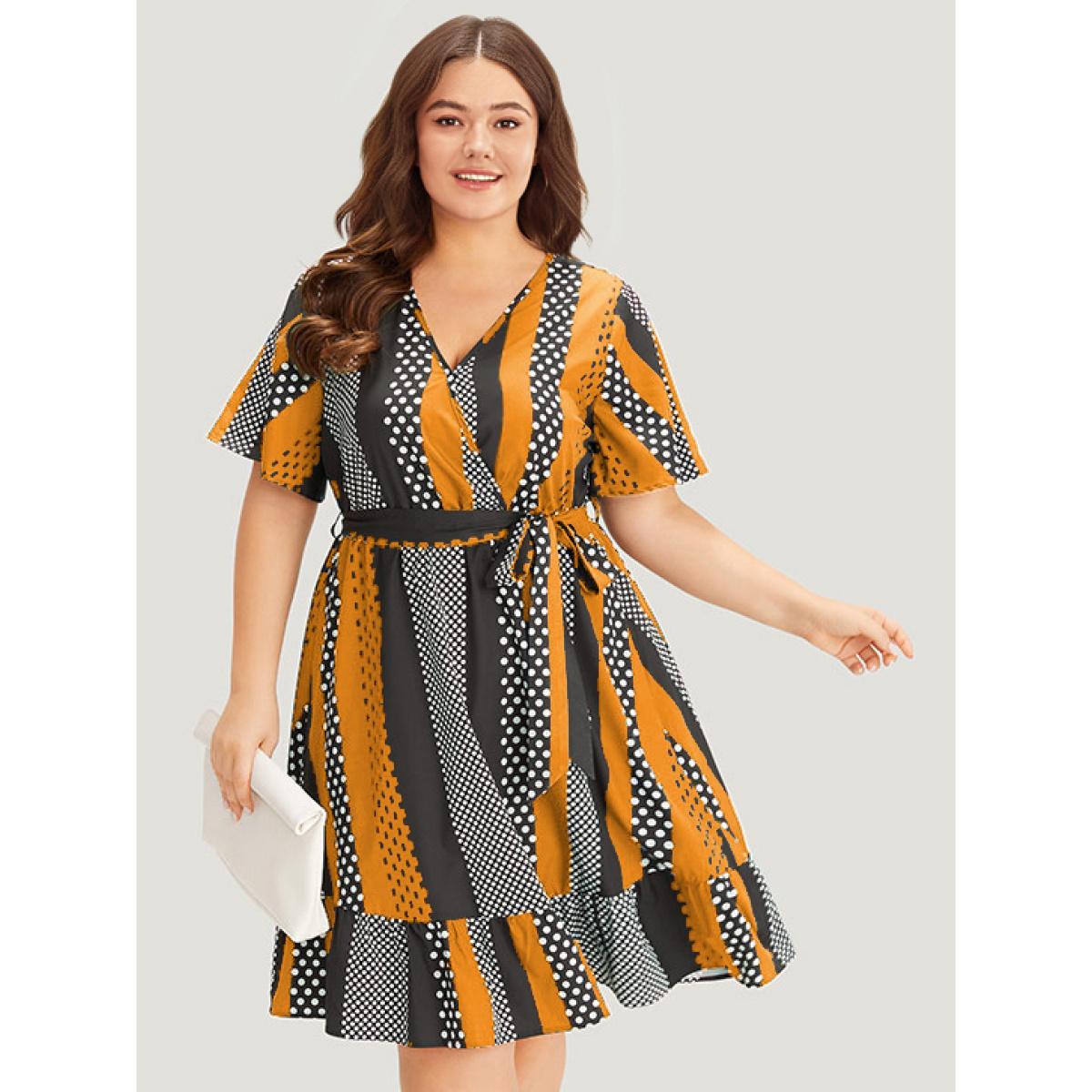 Plus Size Striped & Polka Dot Graphic Pocket Ruffle Wrap Dress Orange Women Office Wrap V-neck Short sleeve Curvy Knee Dress BloomChic 14-16/1X Product Image