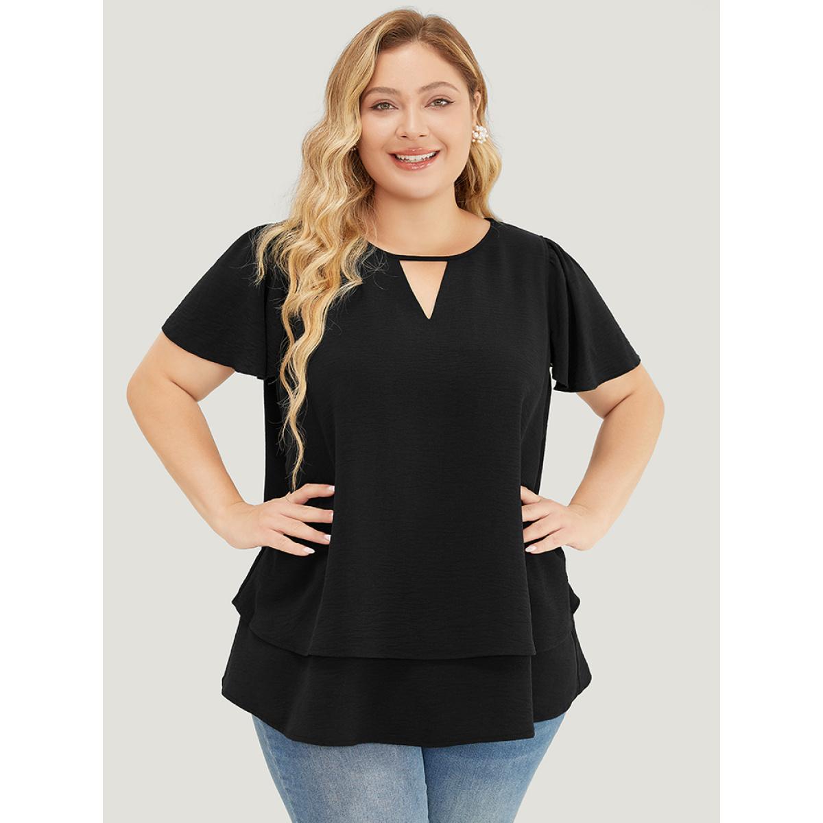 Plus Size Black Solid Flutter Sleeve Keyhole Layered Hem Blouse Women Office Short sleeve V-neck Work Blouses BloomChic 14-16/1X Product Image