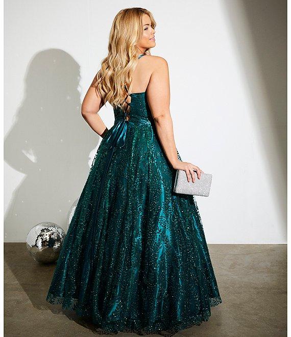 Blondie Nites Plus Size Glitter Pattern Sweetheart Neck Pinch Front Spaghetti Strap Tie Back Ballgown Product Image