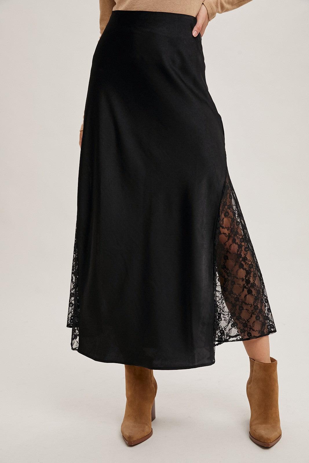 Lace Trimmed Satin Midi Skirt Product Image