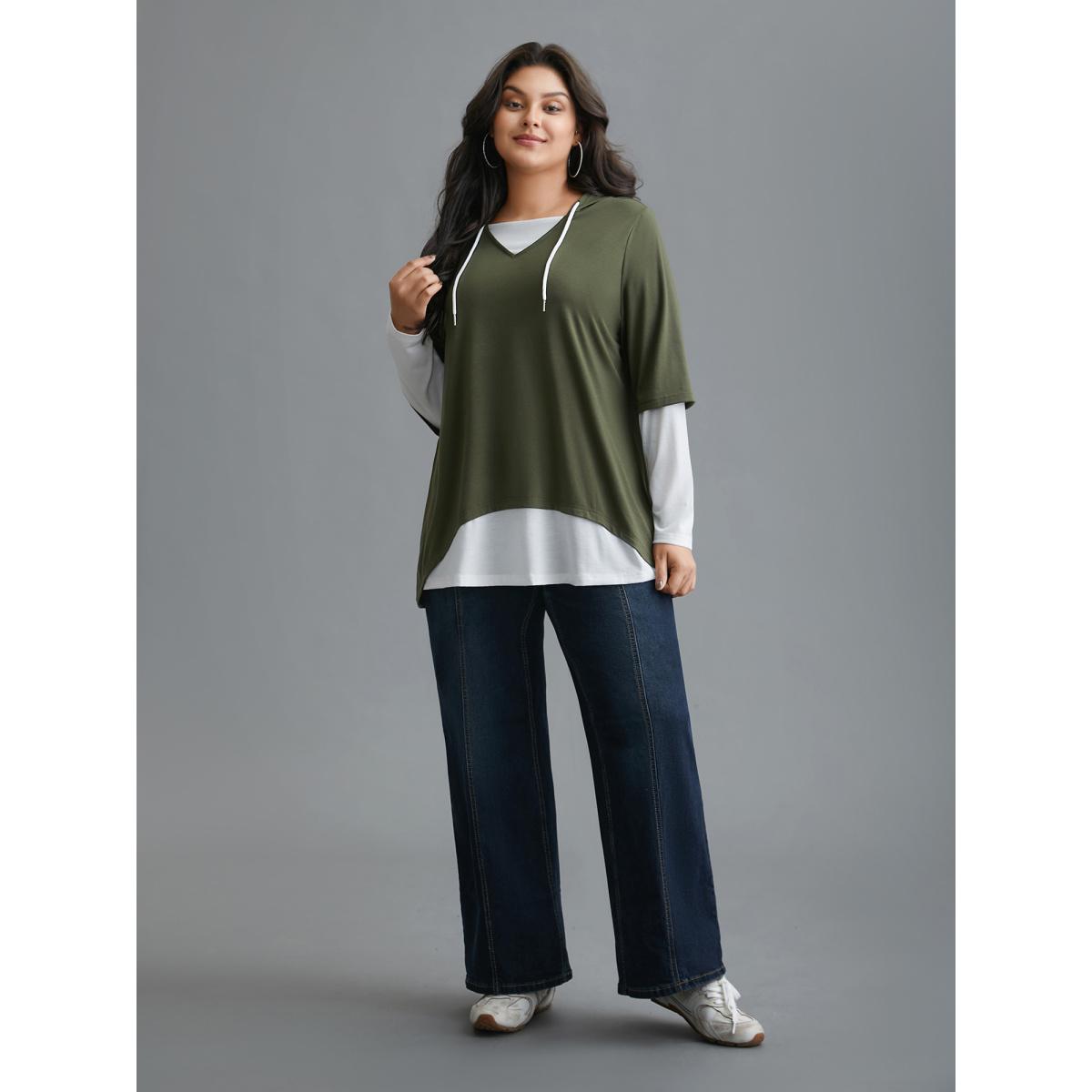 Plus Size Color Contrast Combined Hoodie Shirt ArmyGreen Women Casual Contrast Hooded Loose Everyday T-shirts BloomChic 18-20/2X Product Image
