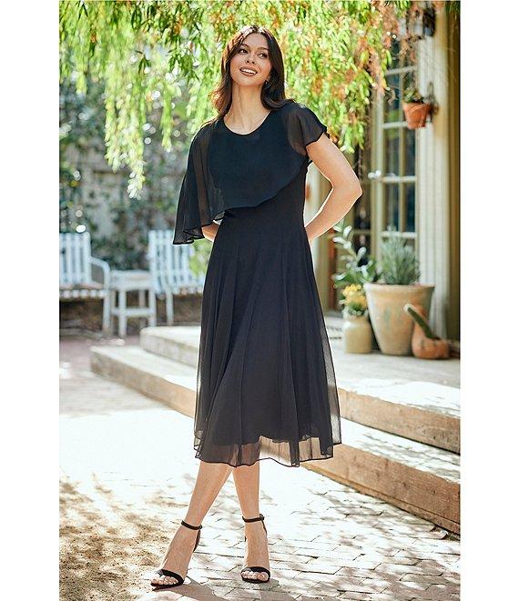 Moda Tara Crinkle Chiffon Asymmetrical Capelet Sleeve Midi Dress Product Image