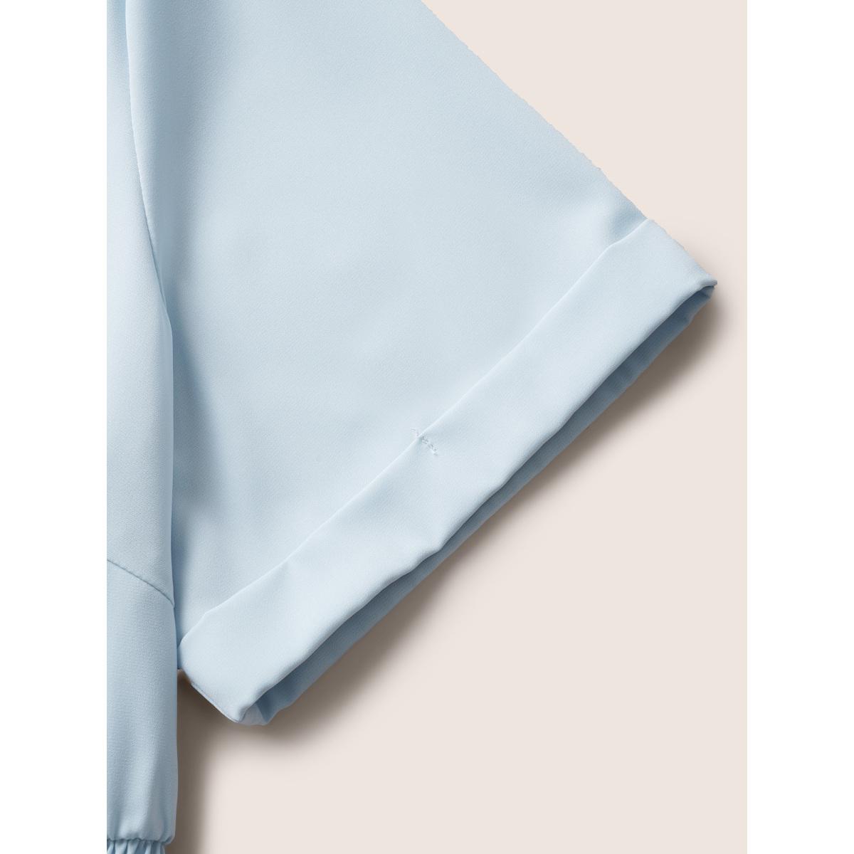 Plus Size LightBlue Lapel Collar Shirred Button Detail Blouse Women Workwear Essentials Short sleeve Shirt collar Work Blouses BloomChic 22-24/3X Product Image