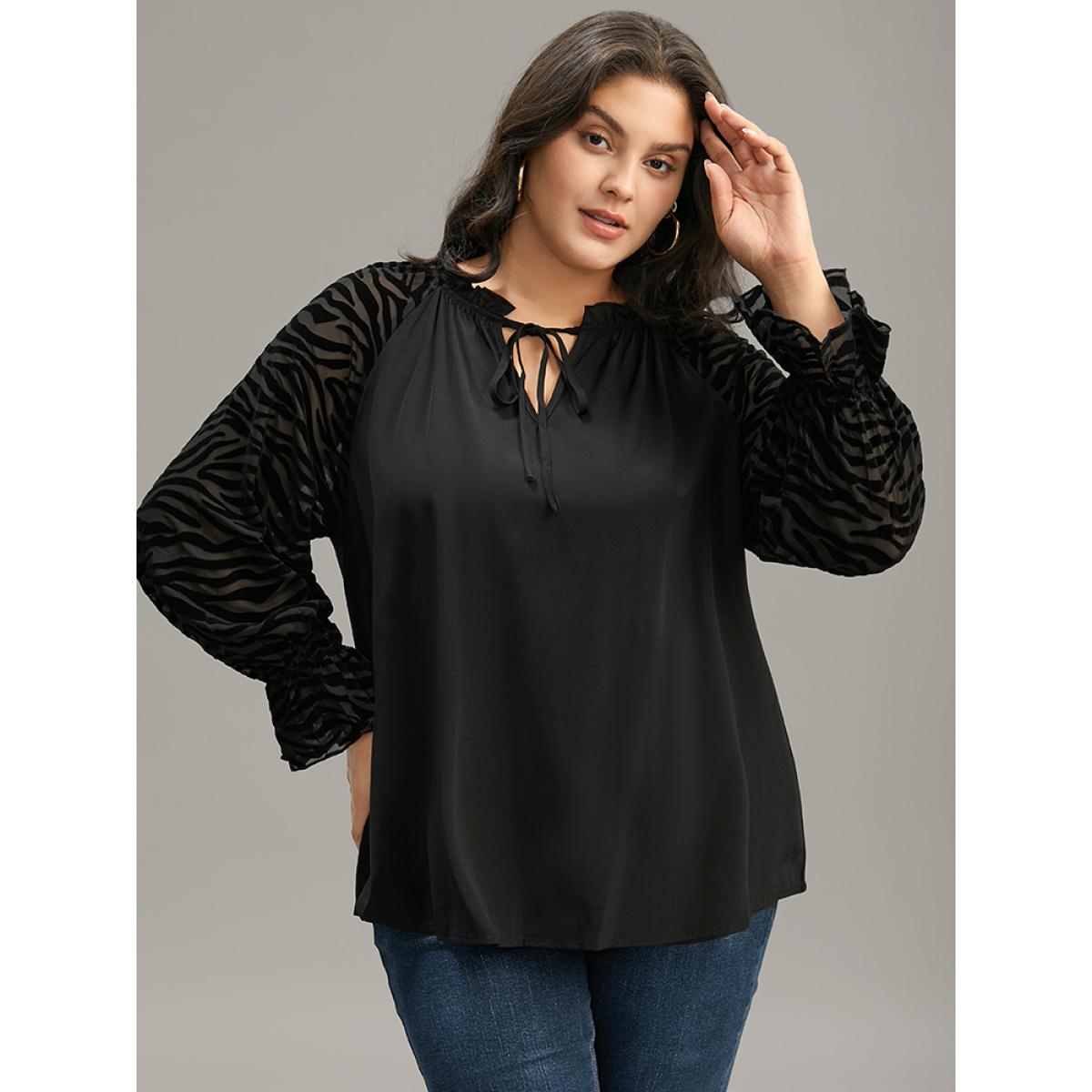 Plus Size Black Halloween Zebra Print Tie Neck Frill Trim Patchwork Blouse Women Elegant Long Sleeve Tie Neck Dailywear Blouses BloomChic 26/4X Product Image