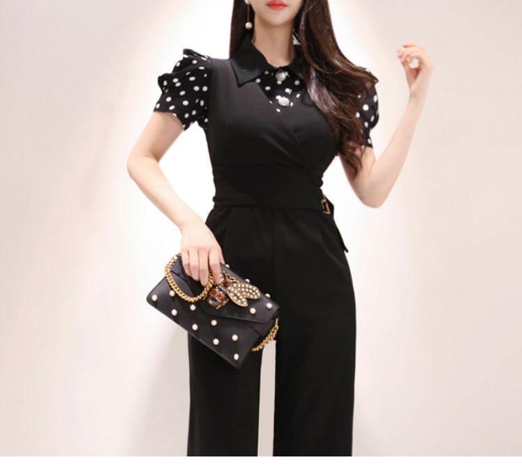 Set: Short-Sleeve Collared Dotted Button Up Blouse + V-Neck Plain Straight Leg Jumpsuit Product Image