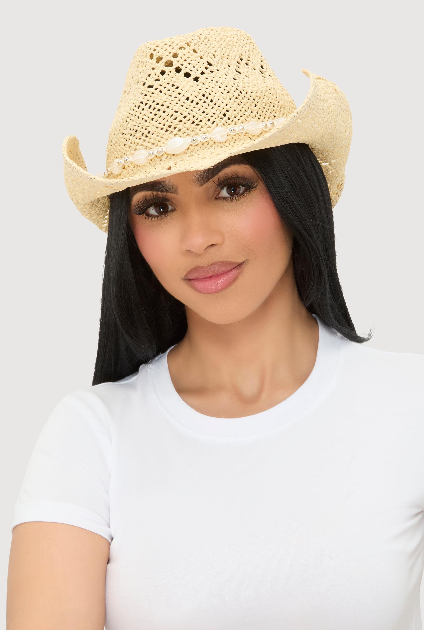 Beaded Trim Straw Cowboy Hat Female Product Image