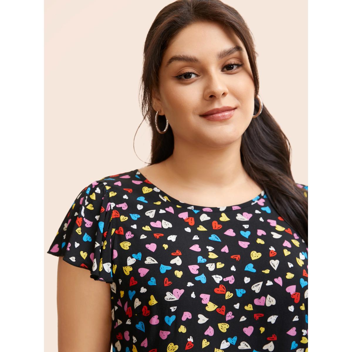 Plus Size Black Heart Pattern Ruffle Sleeves Blouse Women Casual Cap Sleeve Round Neck Everyday Blouses BloomChic 14-16/1X Product Image