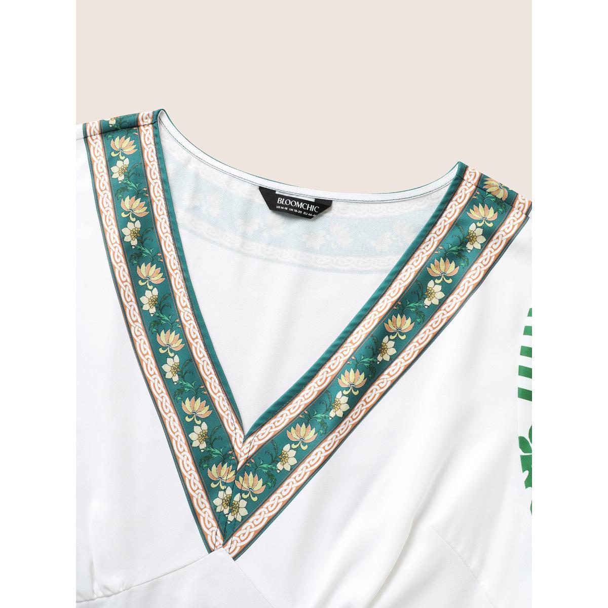 Plus Size Moss Boho Coconut Tree Print Lantern Sleeve Blouse Women Resort Elbow-length sleeve V-neck Vacation Blouses BloomChic 14-16/1X Product Image