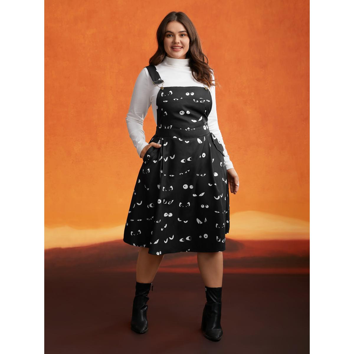 Plus Size Bat Eyes Overall Straps Skirt Midi Dress Black Women Cocktail Non Party Curvy Bloomchic 22-24/3X Product Image