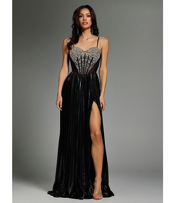 Jovani Metallic Sweetheart Neck Beaded Corset Bodice Spaghetti Strap A-Line Dress Product Image