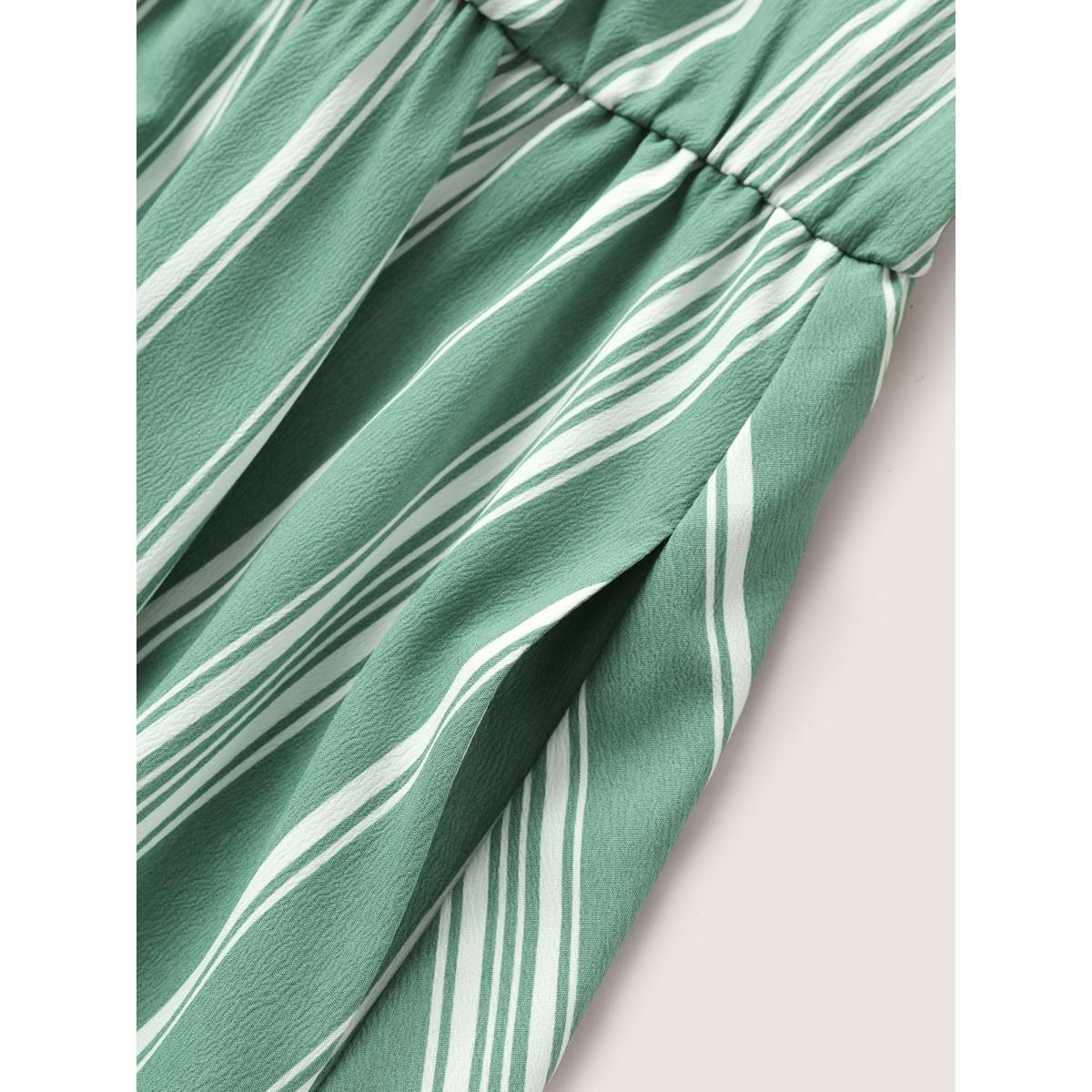 Plus Size Striped Elastic Waist Belted Wrap Dress Mint Women At the Office Non Overlap Collar Elbow-length sleeve Curvy Midi Dress BloomChic 14-16/1X Product Image