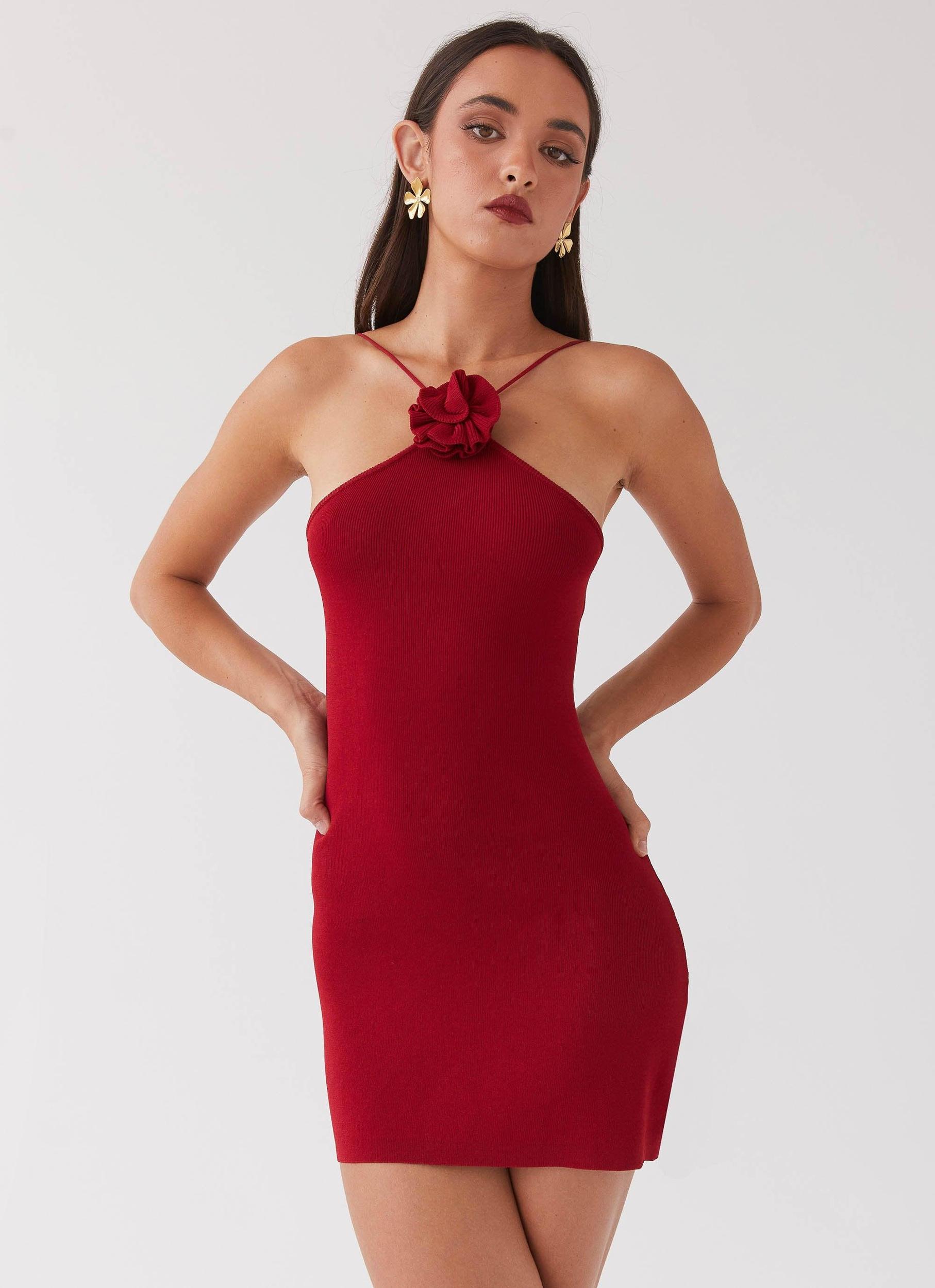 Delphi Rose Knit Mini Dress - Rouge Red Product Image