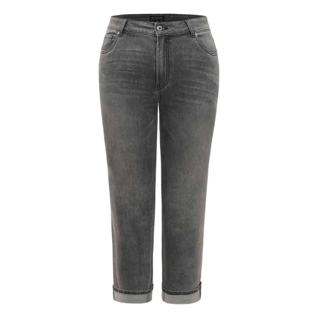 Plus Size Solid Roll Hem Black Wash Jeans Women LightGray Casual Plain Roll Hem High stretch Pocket Jeans BloomChic 22/3X Product Image