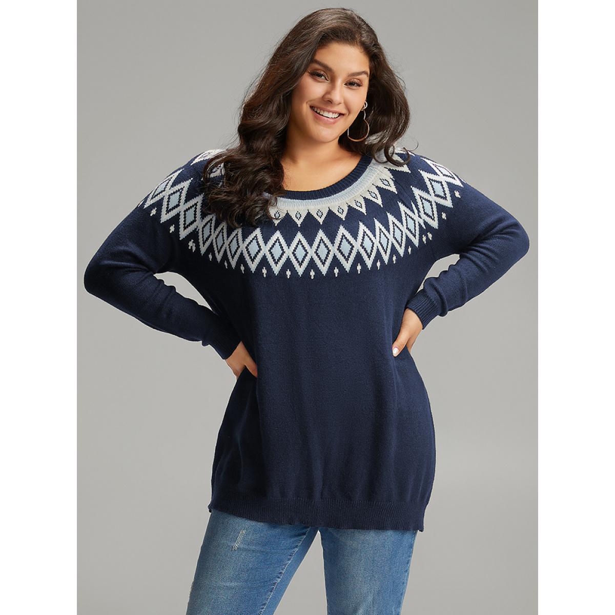 Plus Size Supersoft Essentials Geo Contrast Raglan Sleeve Pullover Indigo Women Casual Loose Long Sleeve Round Neck Dailywear Pullovers BloomChic 10/M Product Image
