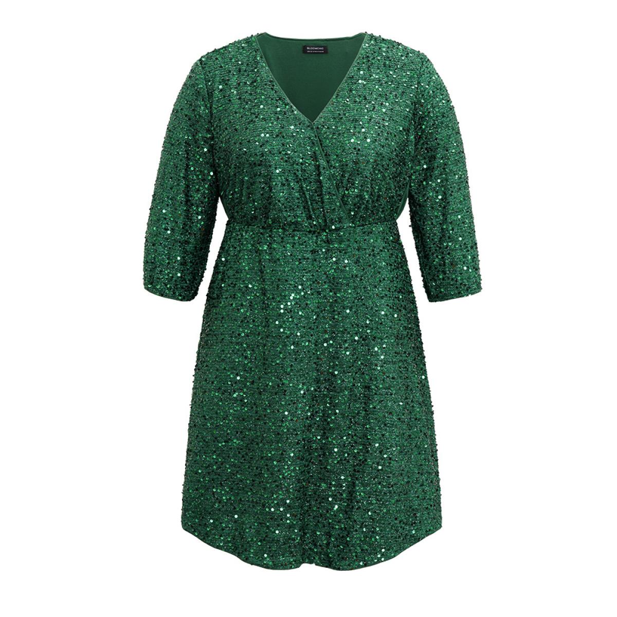 Plus Size Sequin Overlap Collar Elastic Waist Knee Dress DarkGreen Women Cocktail Wrap Overlap Collar Elbow-length sleeve Curvy Knee Dress BloomChic 22-24/3X Product Image