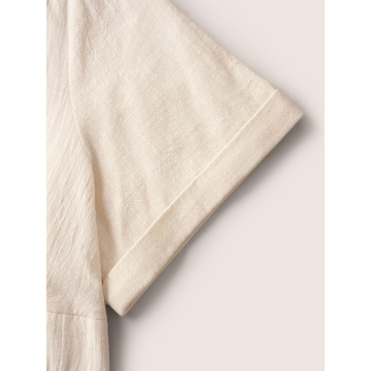 Plus Size Cotton Linen Cuffed Sleeve Tie Knot Midi Dress Champagne Women Casual Tie knot Overlap Collar Short sleeve Curvy BloomChic 28/5X Product Image