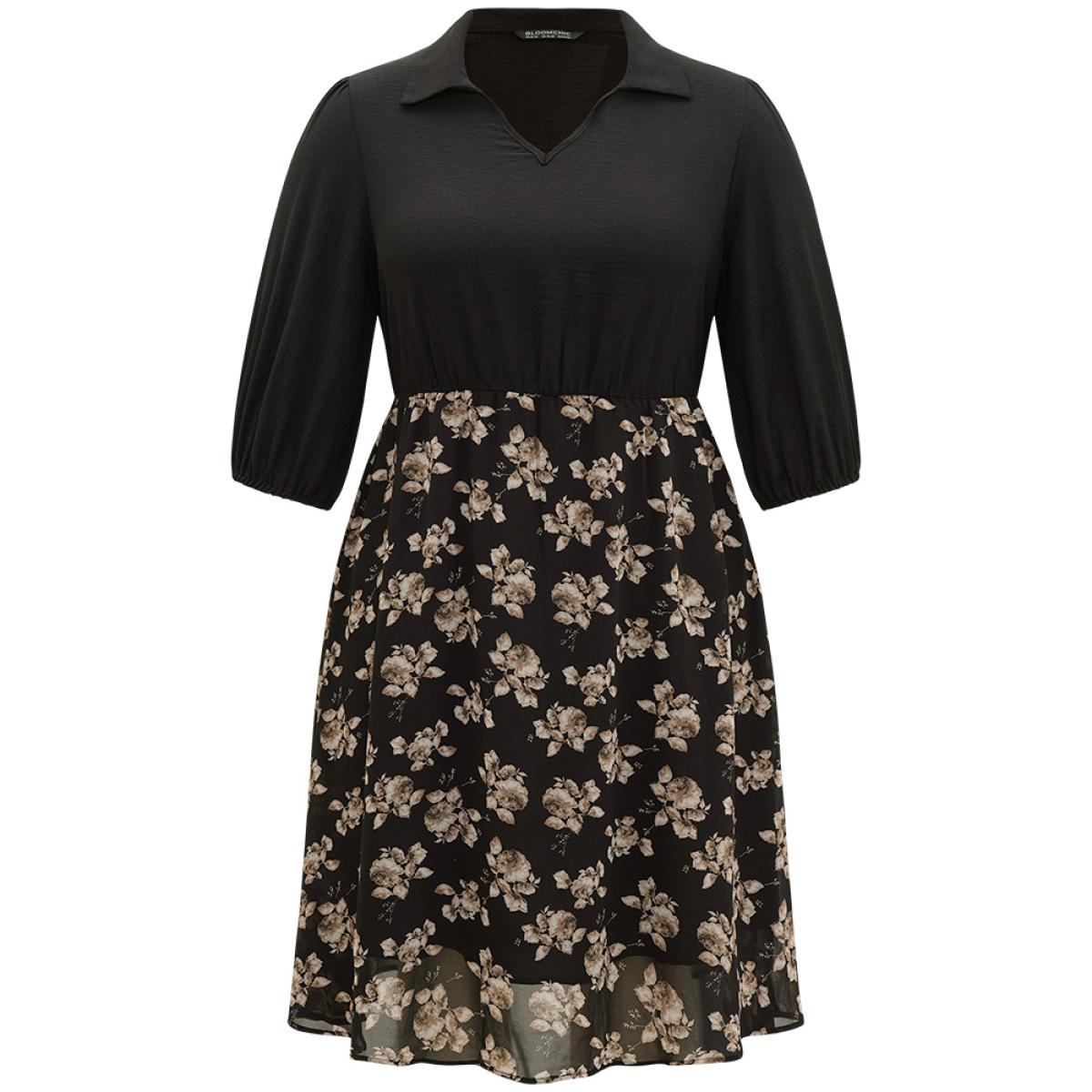 Plus Size Floral Print Patchwork Shirt Collar Dress Black Women Office Lined Shirt collar Half Sleeve Curvy Midi Dress BloomChic 12/L Product Image