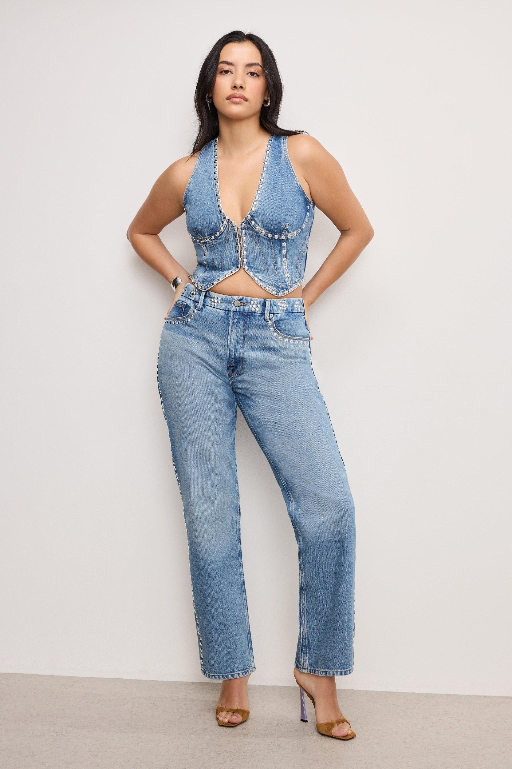 GOOD ICON STUDDED STRAIGHT JEANS | INDIGO895 Product Image