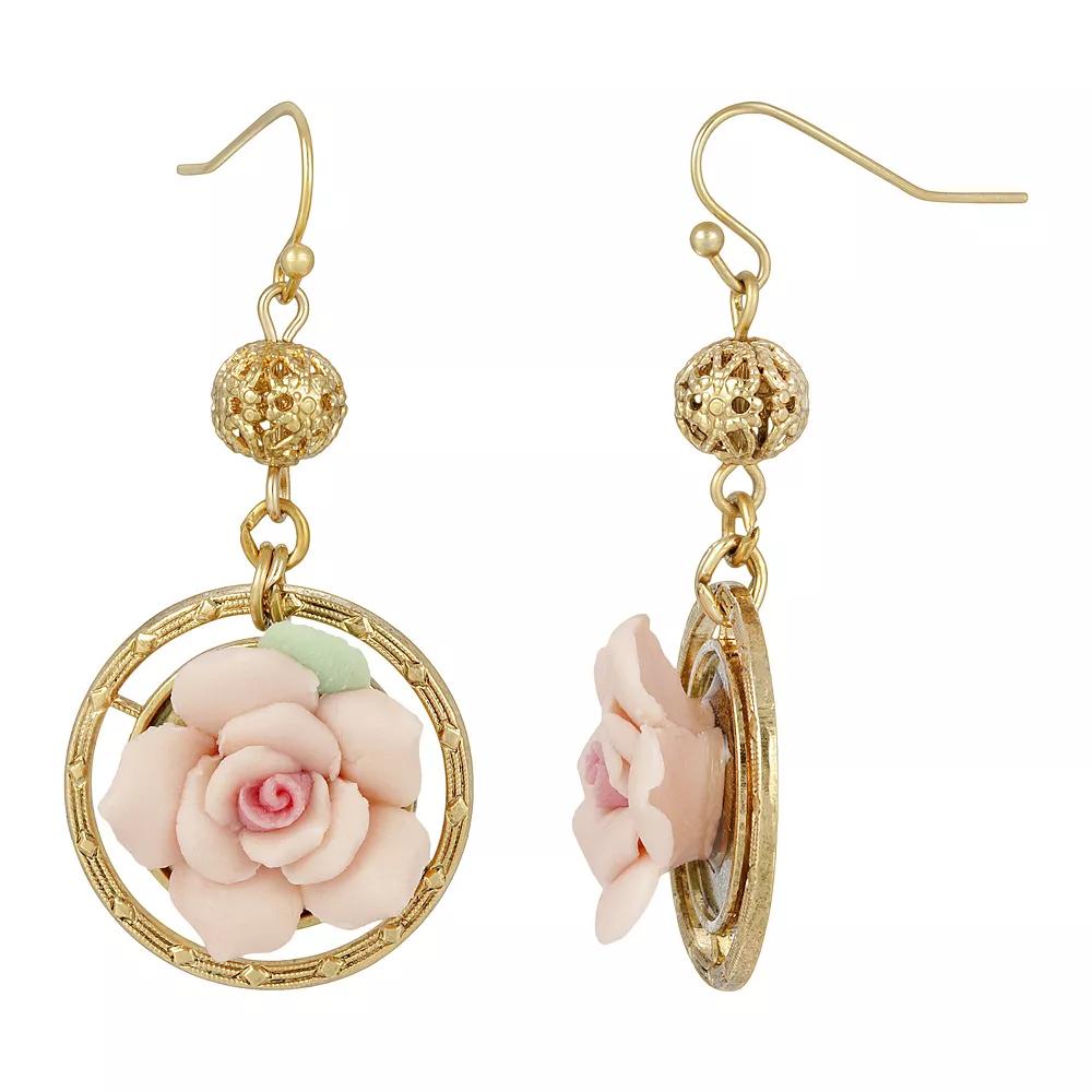 1928 Gold Tone Pink Porcelain Rose Drop Earrings, Womens Product Image