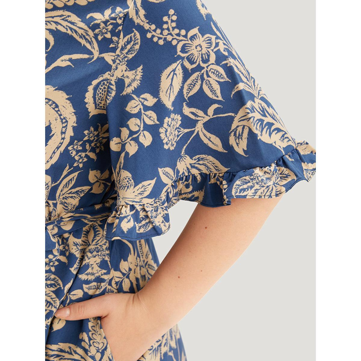 Plus Size Silhouette Floral Print Belted Flutter Trim Dress DarkBlue Women Vacation Gathered V-neck Short sleeve Curvy Midi Dress BloomChic 26/4X Product Image